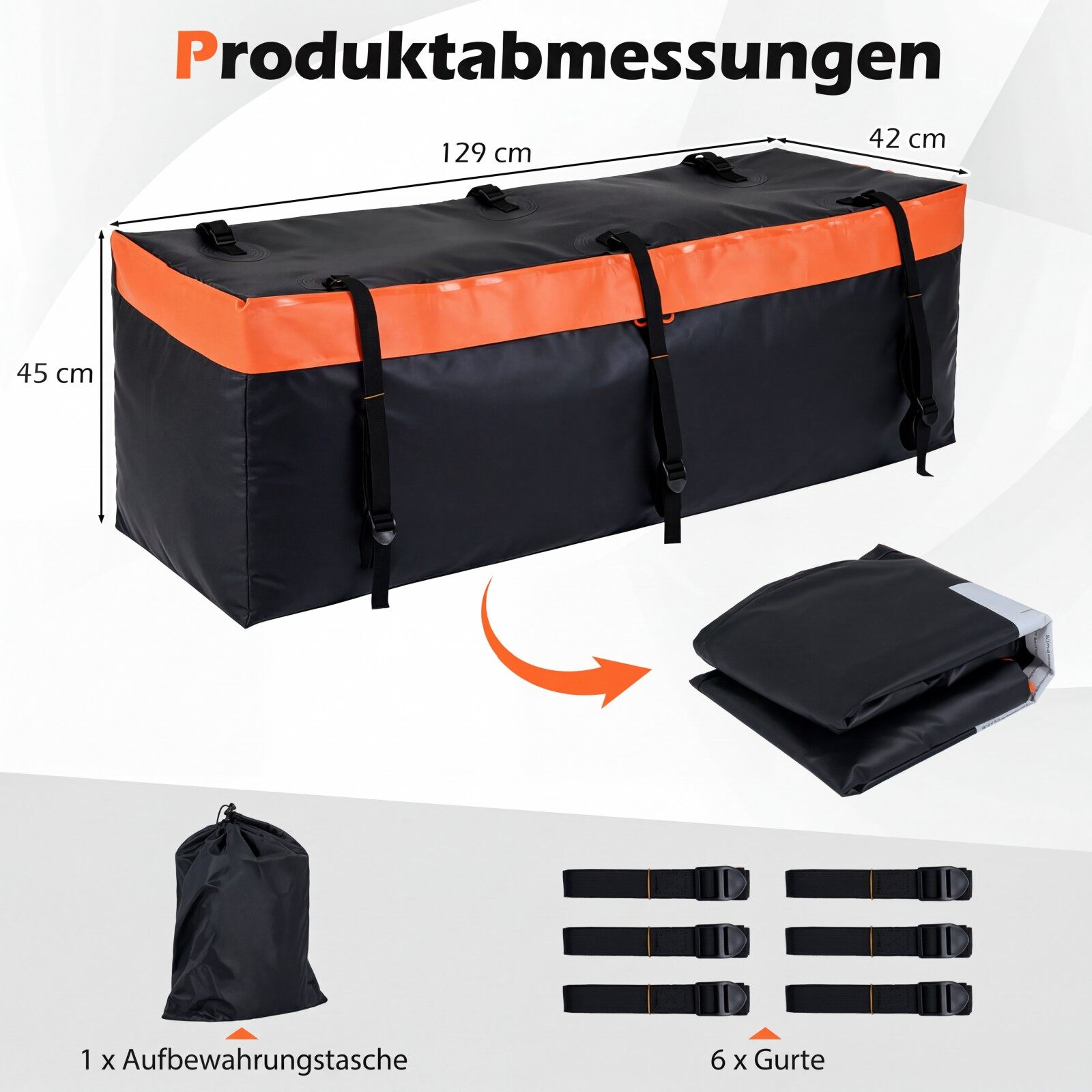 Tagumine pagasikast haakekonksule, 255 l, PVC, veekindel, kokkupandav, tugevdatud rihmad, auto pagasikott, oranž+must