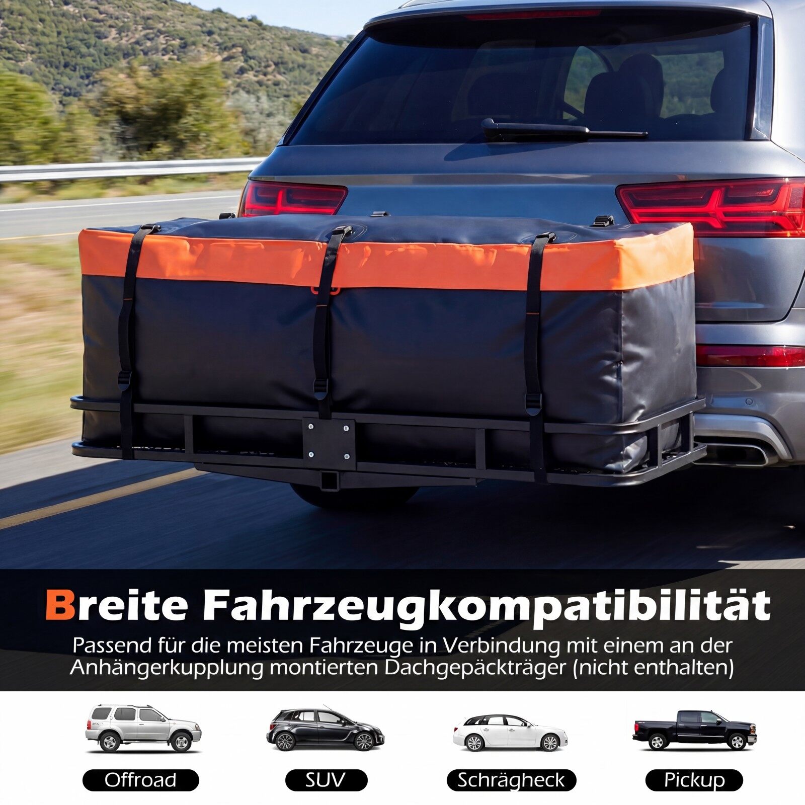 Tagumine pagasikast haakekonksule, 255 l, PVC, veekindel, kokkupandav, tugevdatud rihmad, auto pagasikott, oranž+must