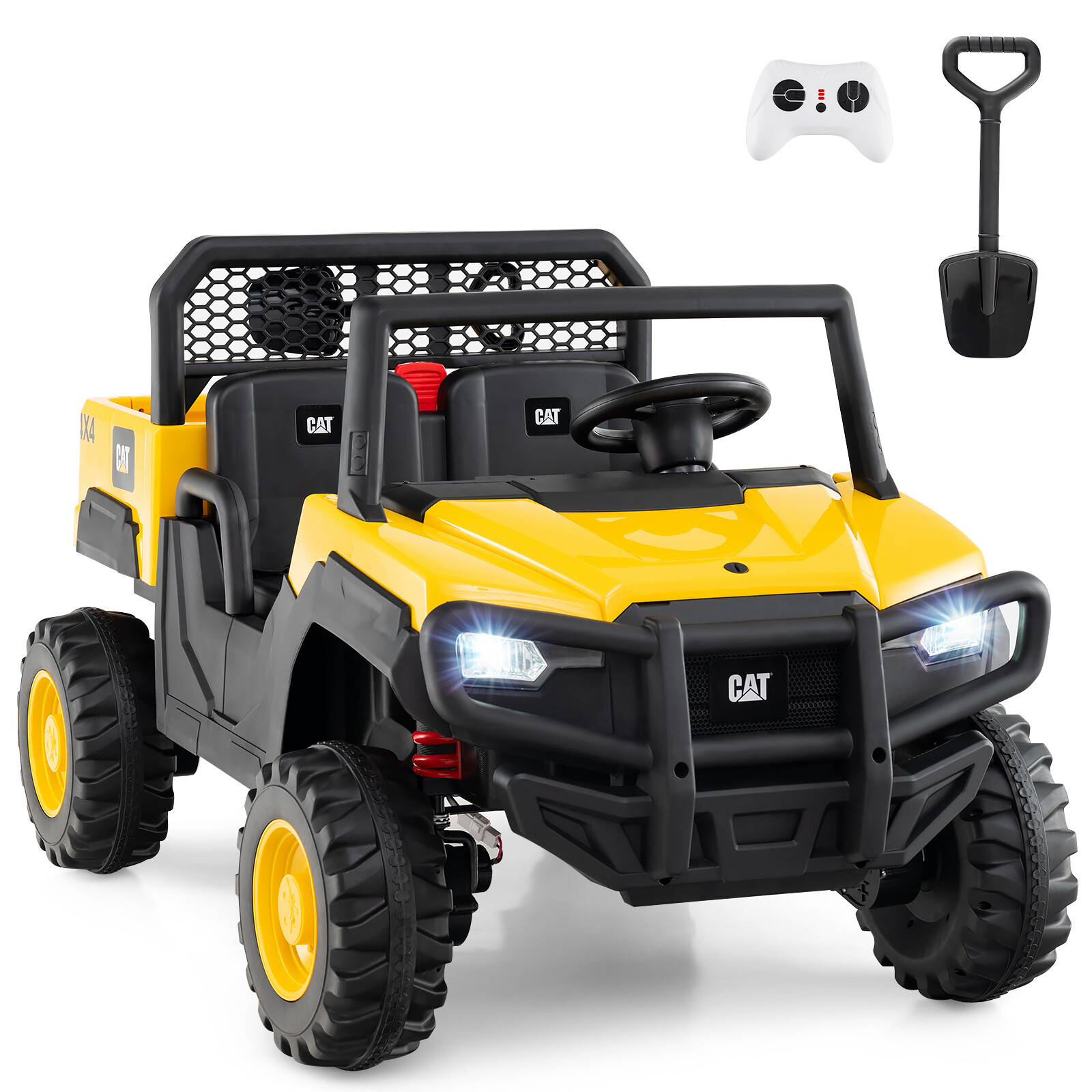 Caterpillar elektriauto 24 V 2-kohaline elektriauto puldiga ja 4 x 100 W mootoriga, kollane
