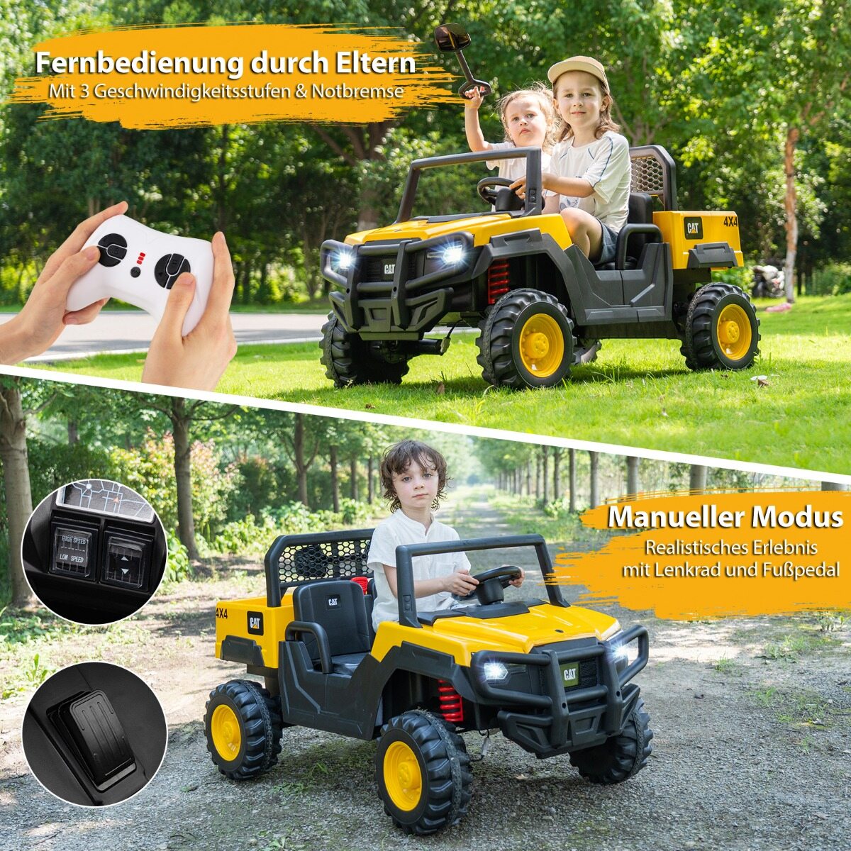 Caterpillar elektriauto 24 V 2-kohaline elektriauto puldiga ja 4 x 100 W mootoriga, kollane