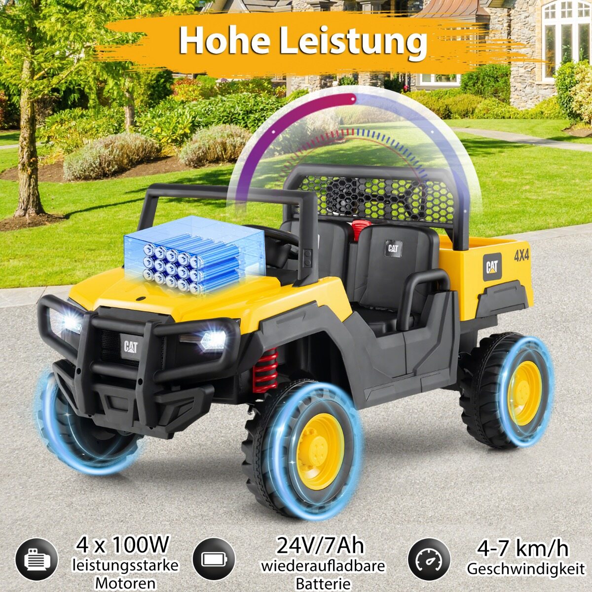 Caterpillar elektriauto 24 V 2-kohaline elektriauto puldiga ja 4 x 100 W mootoriga, kollane
