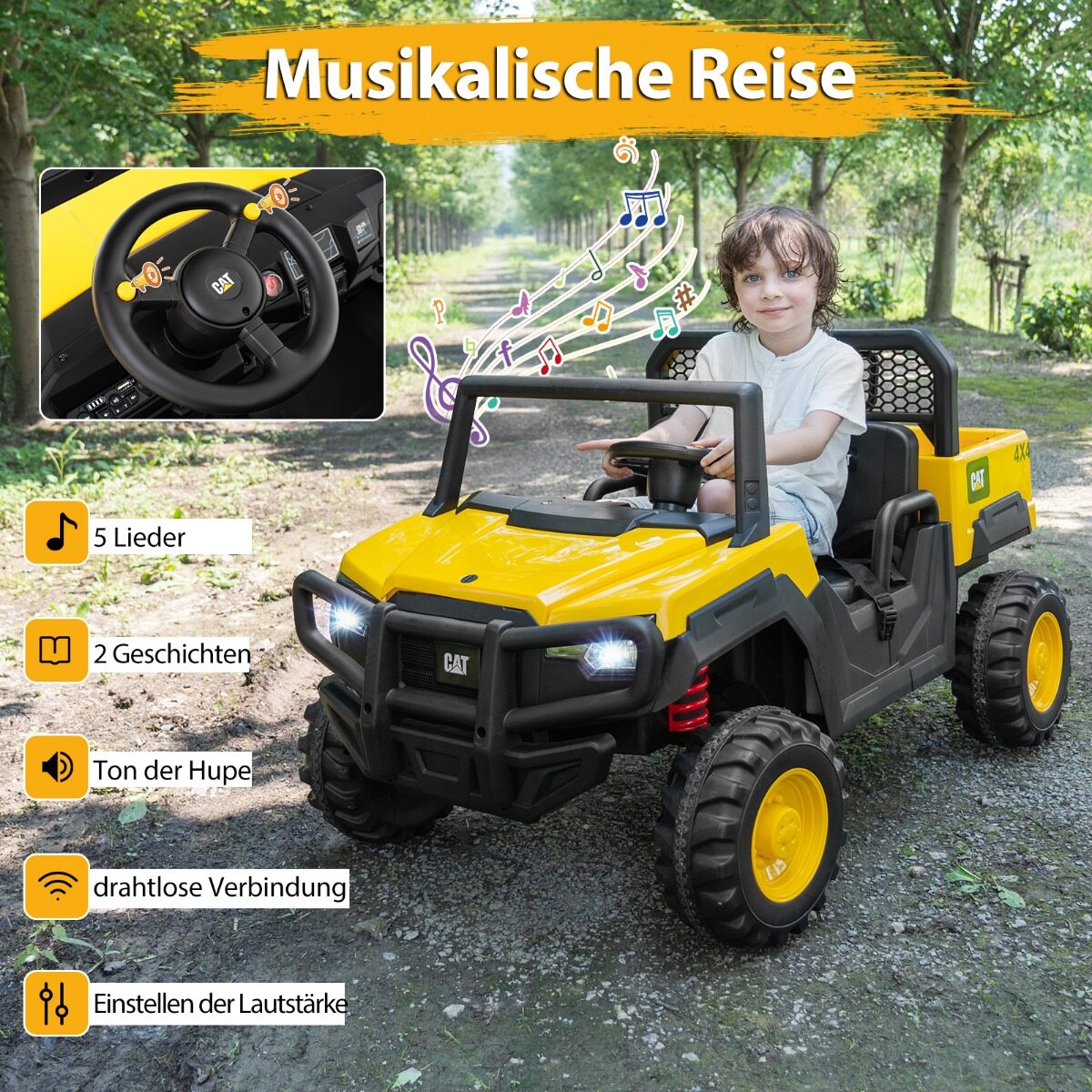 Caterpillar elektriauto 24 V 2-kohaline elektriauto puldiga ja 4 x 100 W mootoriga, kollane