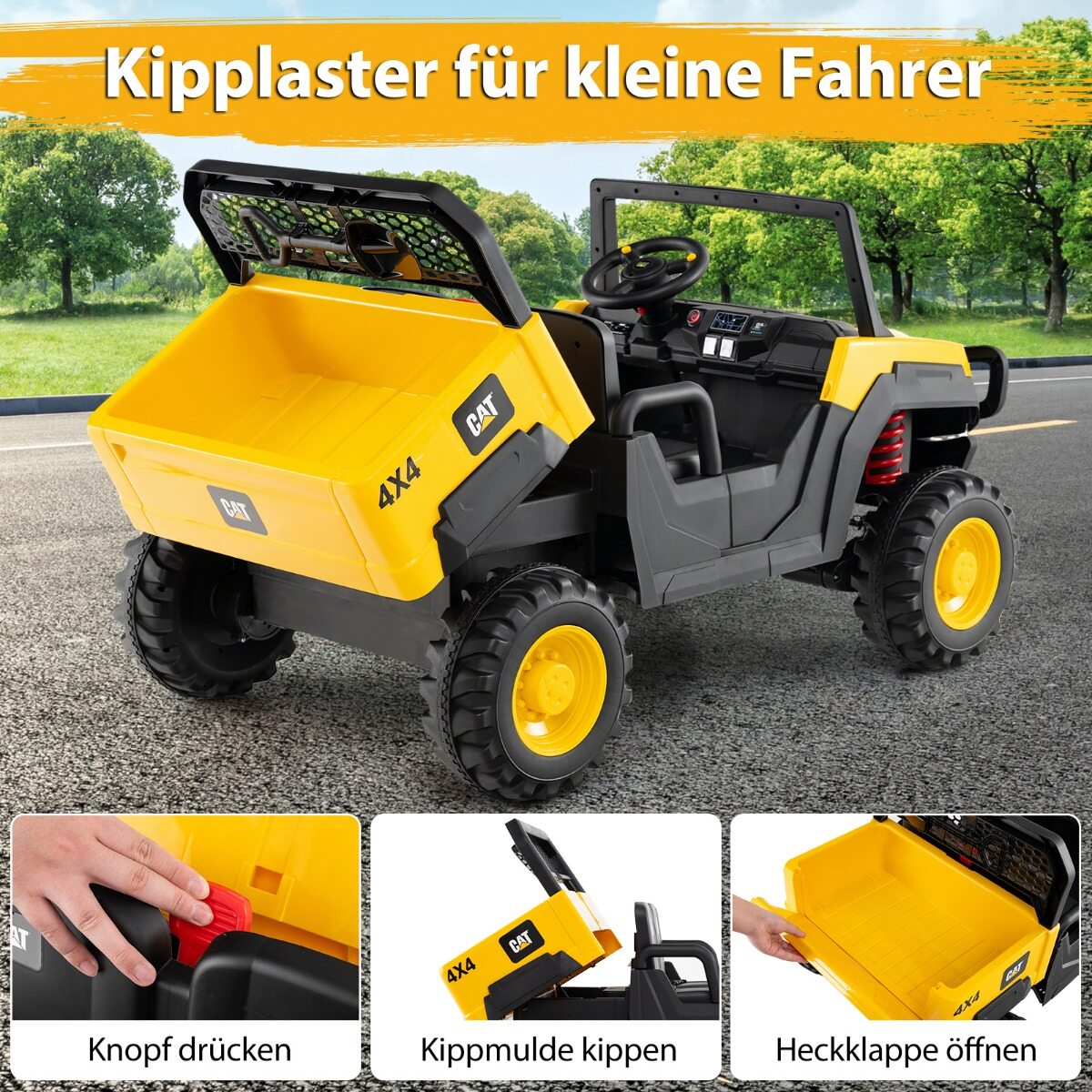 Caterpillar elektriauto 24 V 2-kohaline elektriauto puldiga ja 4 x 100 W mootoriga, kollane