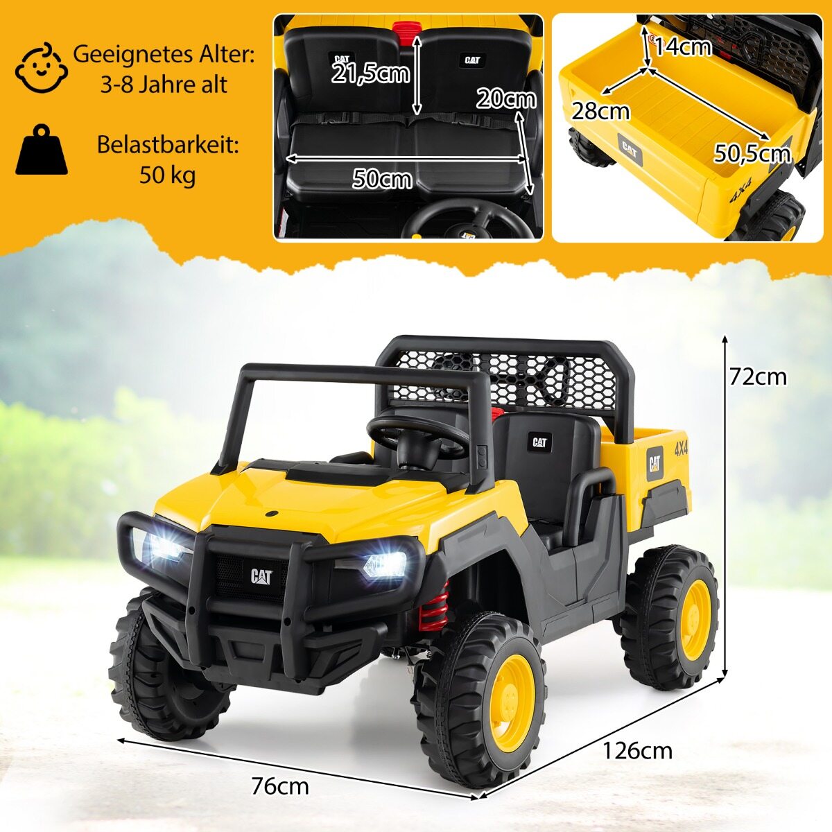 Caterpillar elektriauto 24 V 2-kohaline elektriauto puldiga ja 4 x 100 W mootoriga, kollane