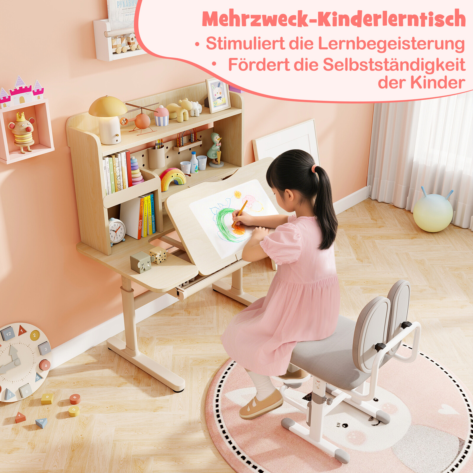 Laste laud riiuli ja sahtliga, kõrgusega reguleeritav õpilaslaud kallutatava lauaplaadiga, naturaalne
