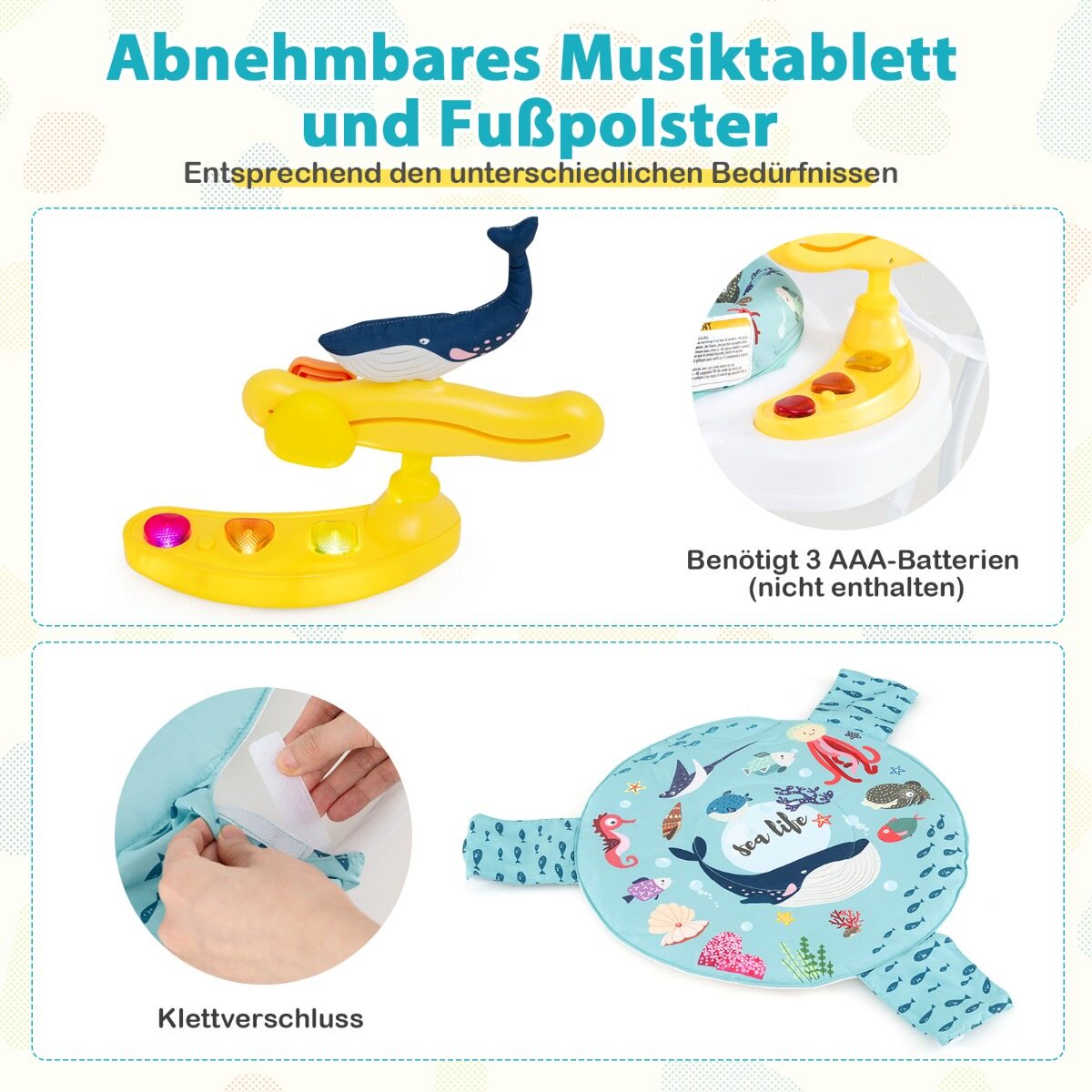 Beebi tegevuskeskus interaktiivsete mänguasjadega muusikalise kandikuga, reguleeritava kõrgusega beebivurr, sinine