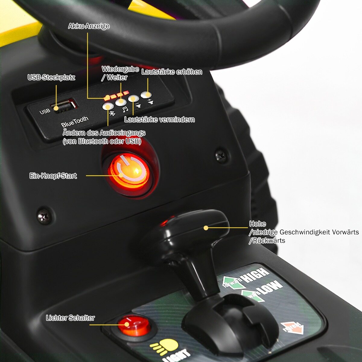 12 V laste traktor haagisega akutoitel elektriline mänguauto kollane