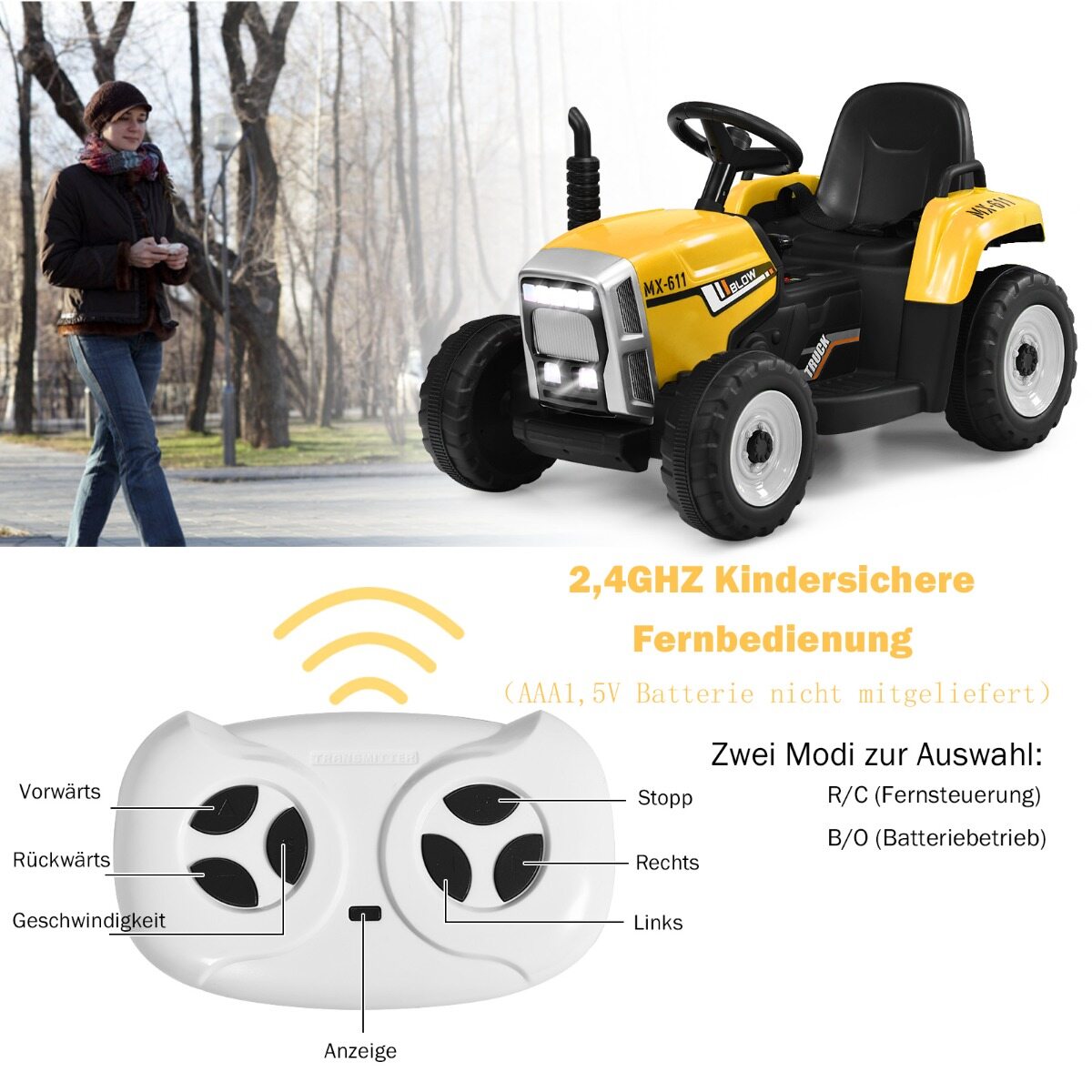 12 V laste traktor haagisega akutoitel elektriline mänguauto kollane