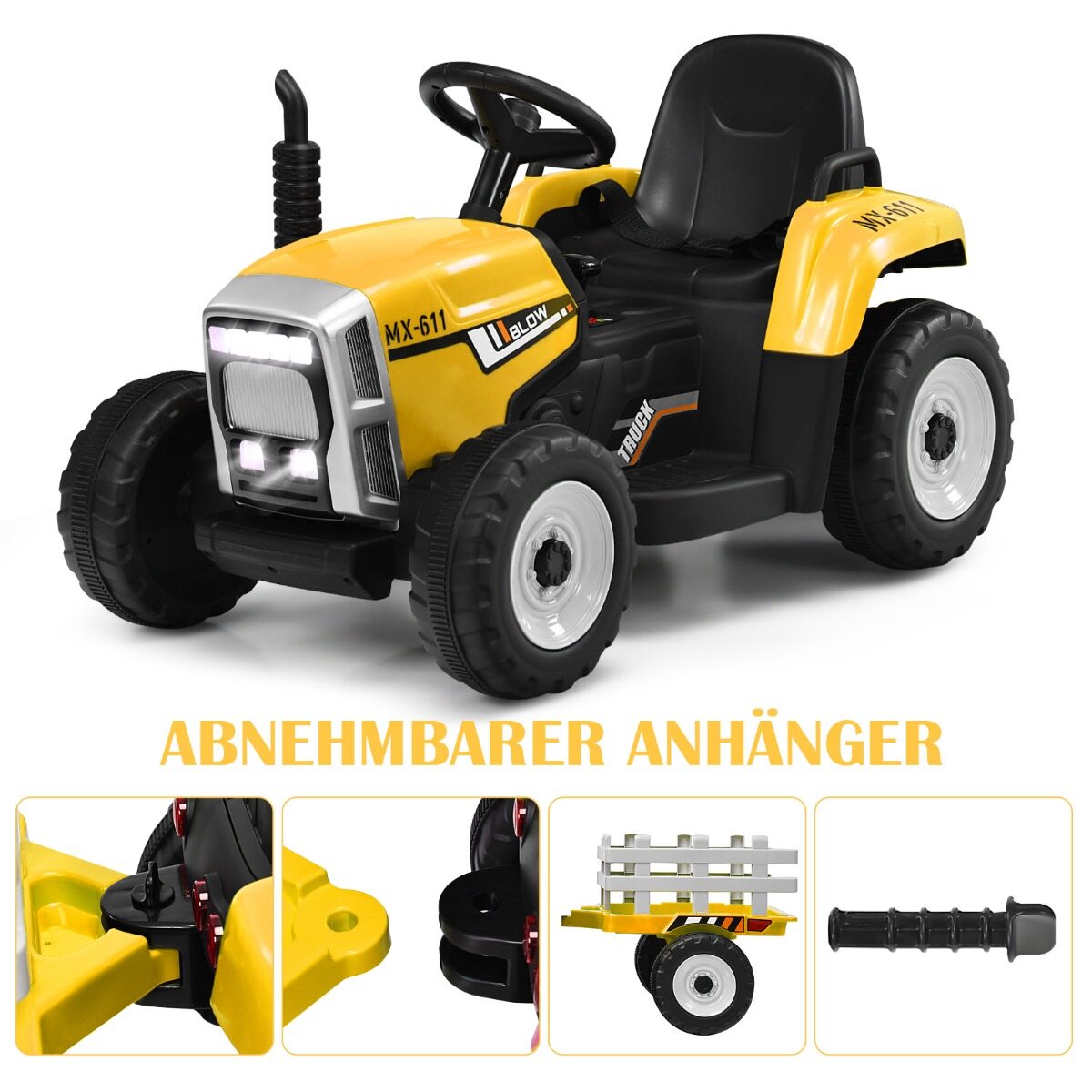 12 V laste traktor haagisega akutoitel elektriline mänguauto kollane