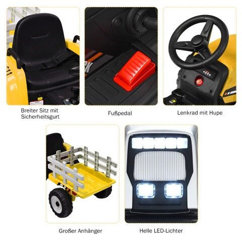 12 V laste traktor haagisega akutoitel elektriline mänguauto kollane