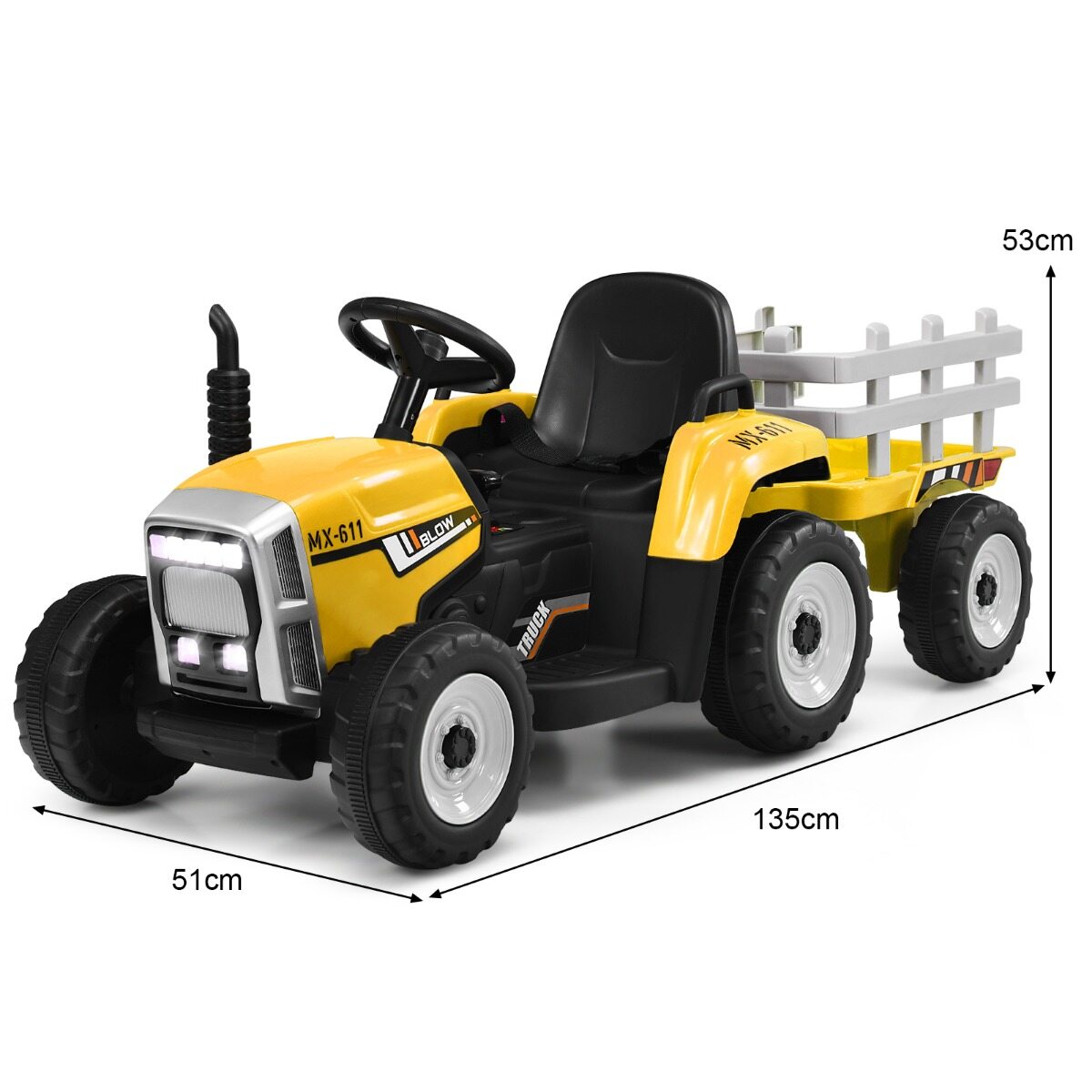 12 V laste traktor haagisega akutoitel elektriline mänguauto kollane