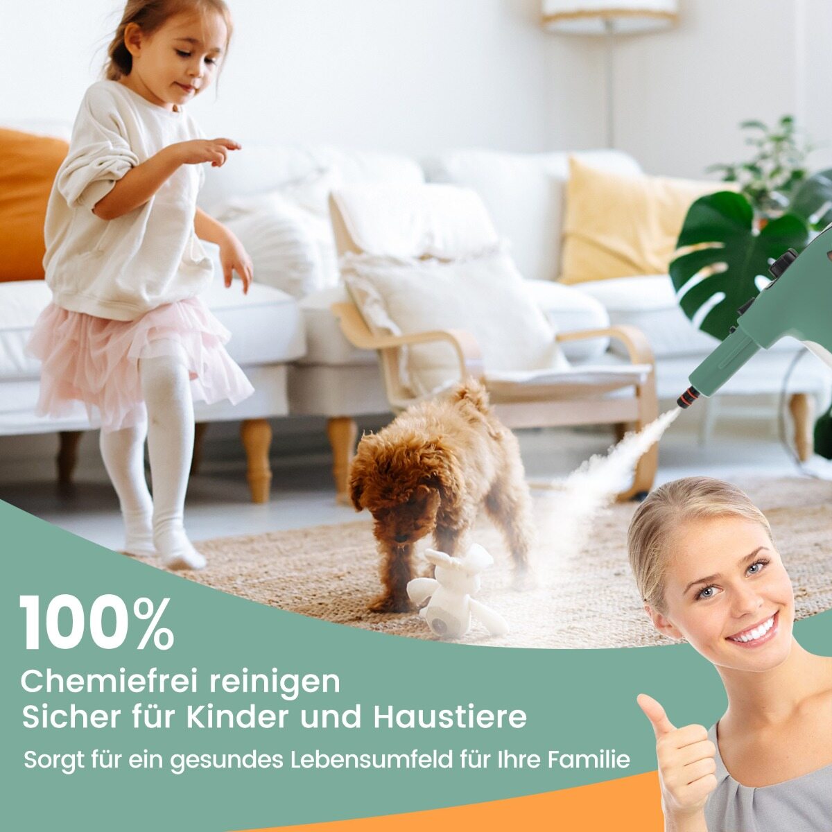 Kaasaskantav aurupuhasti, survestatud aurupuhasti, 1400 W piiramatu pidev aur, 400 ml veepaak, roheline