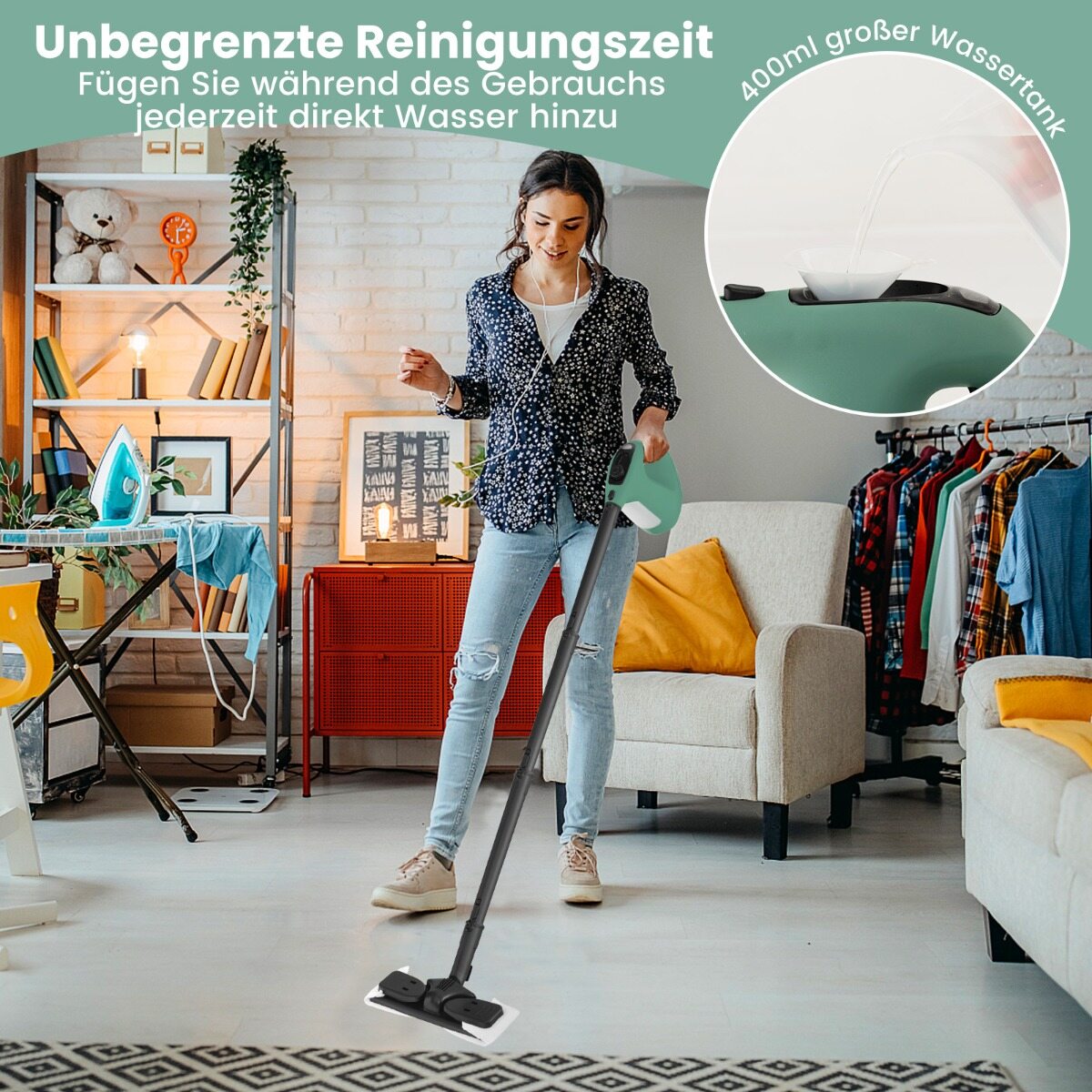Kaasaskantav aurupuhasti, survestatud aurupuhasti, 1400 W piiramatu pidev aur, 400 ml veepaak, roheline