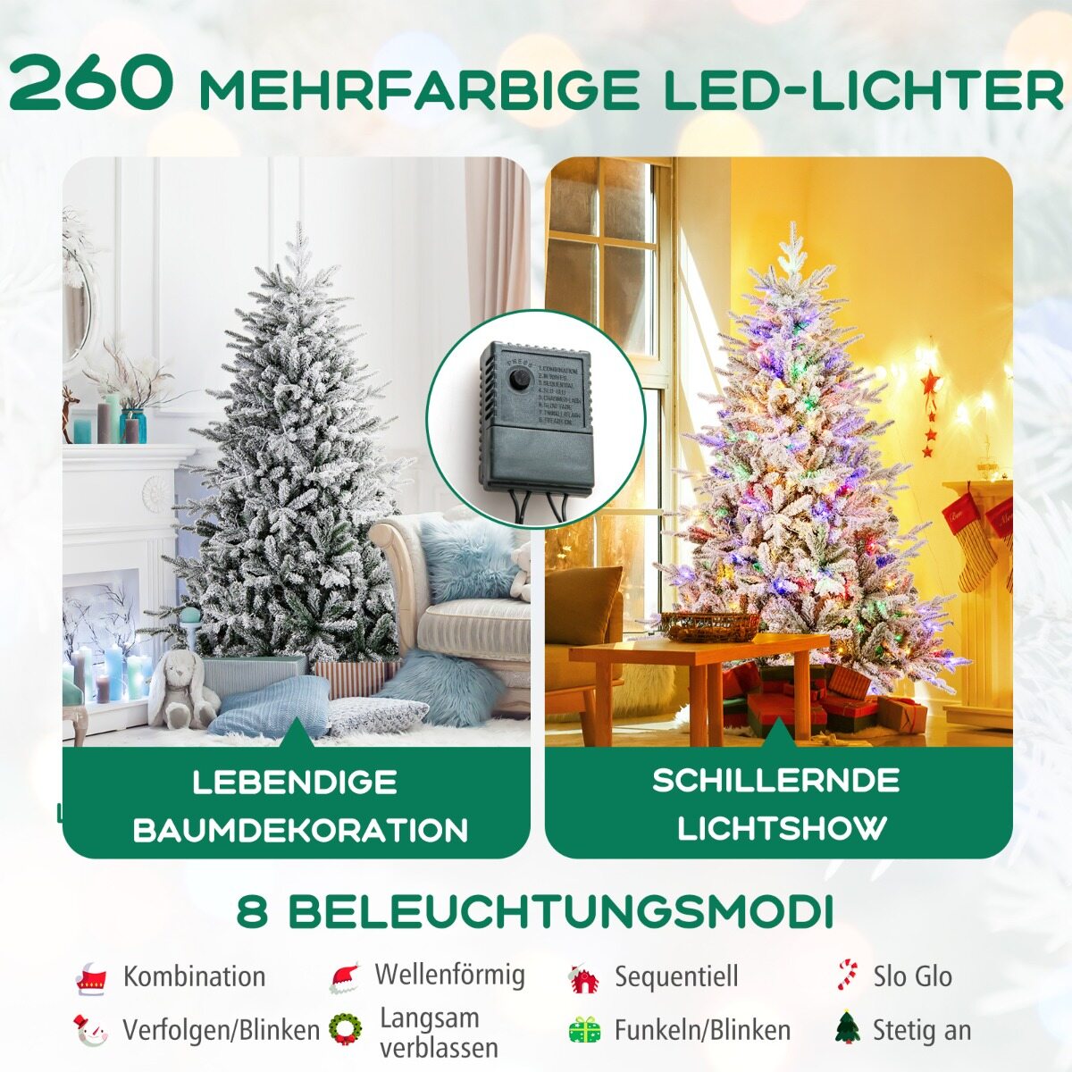 Kunstlik jõulupuu, 8 valgustusrežiimi, mitmevärvilised LED-tuled, PVC ja PE oksaotsad, 186 cm kõrged