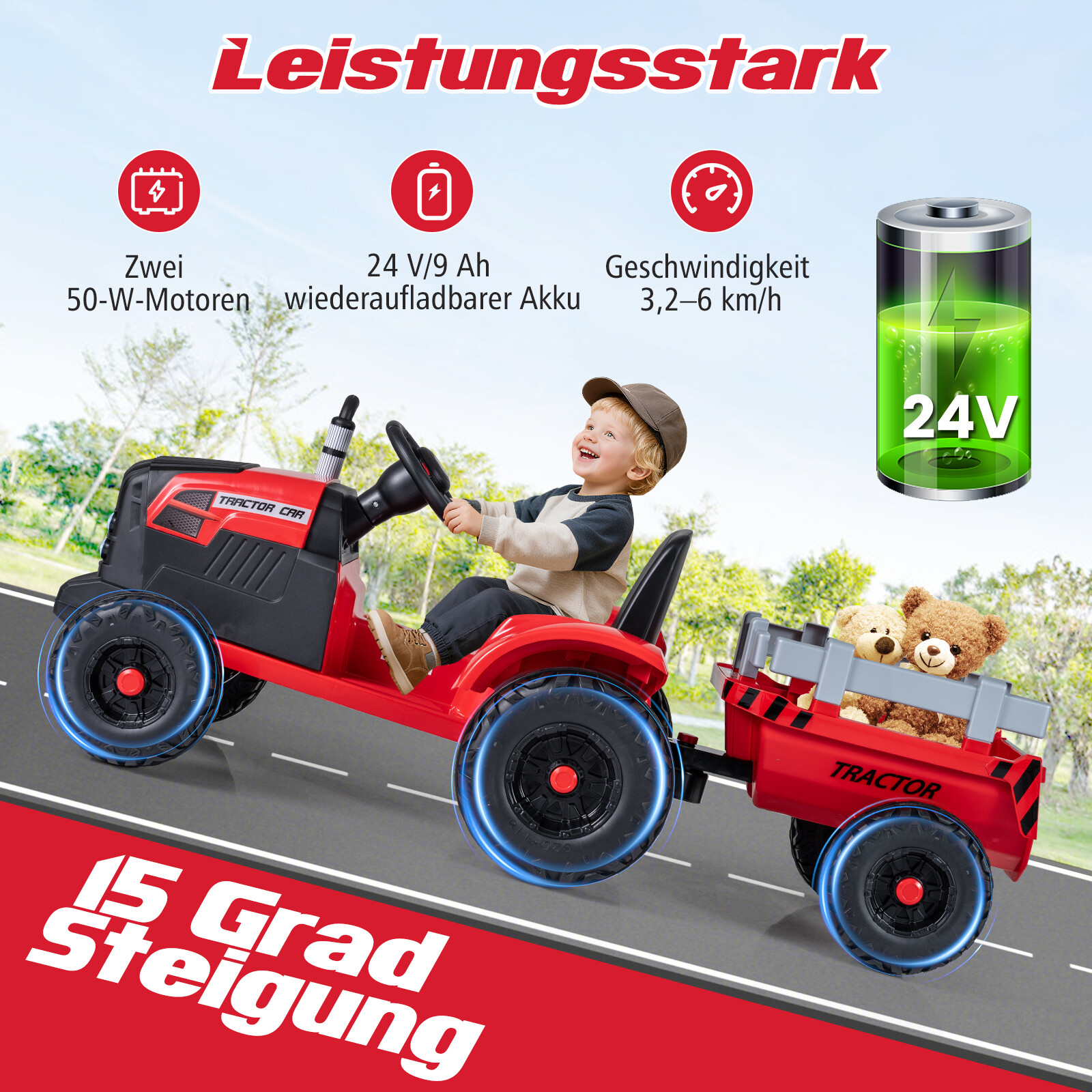 24 V laste elektritraktor haagisega, elektriauto eemaldatava haagisega, puldiga, punane