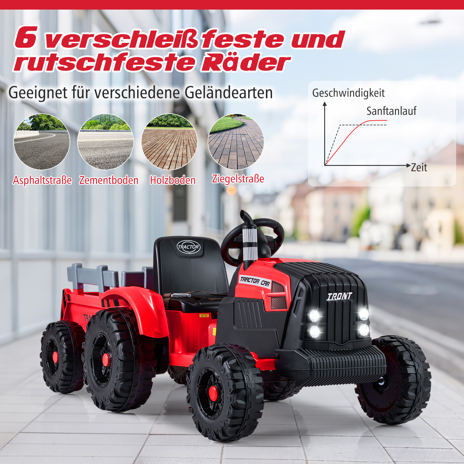 24 V laste elektritraktor haagisega, elektriauto eemaldatava haagisega, puldiga, punane