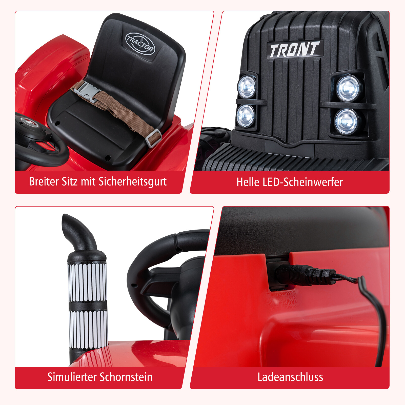 24 V laste elektritraktor haagisega, elektriauto eemaldatava haagisega, puldiga, punane
