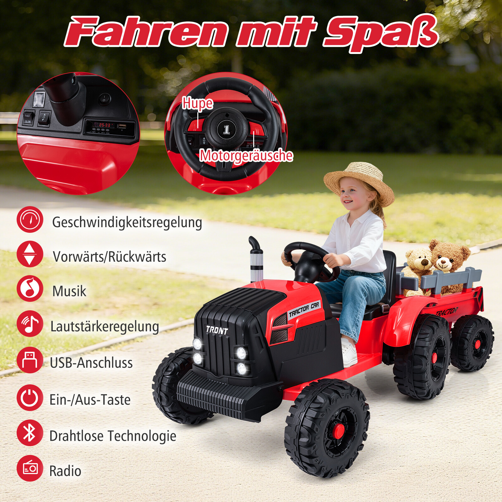 24 V laste elektritraktor haagisega, elektriauto eemaldatava haagisega, puldiga, punane