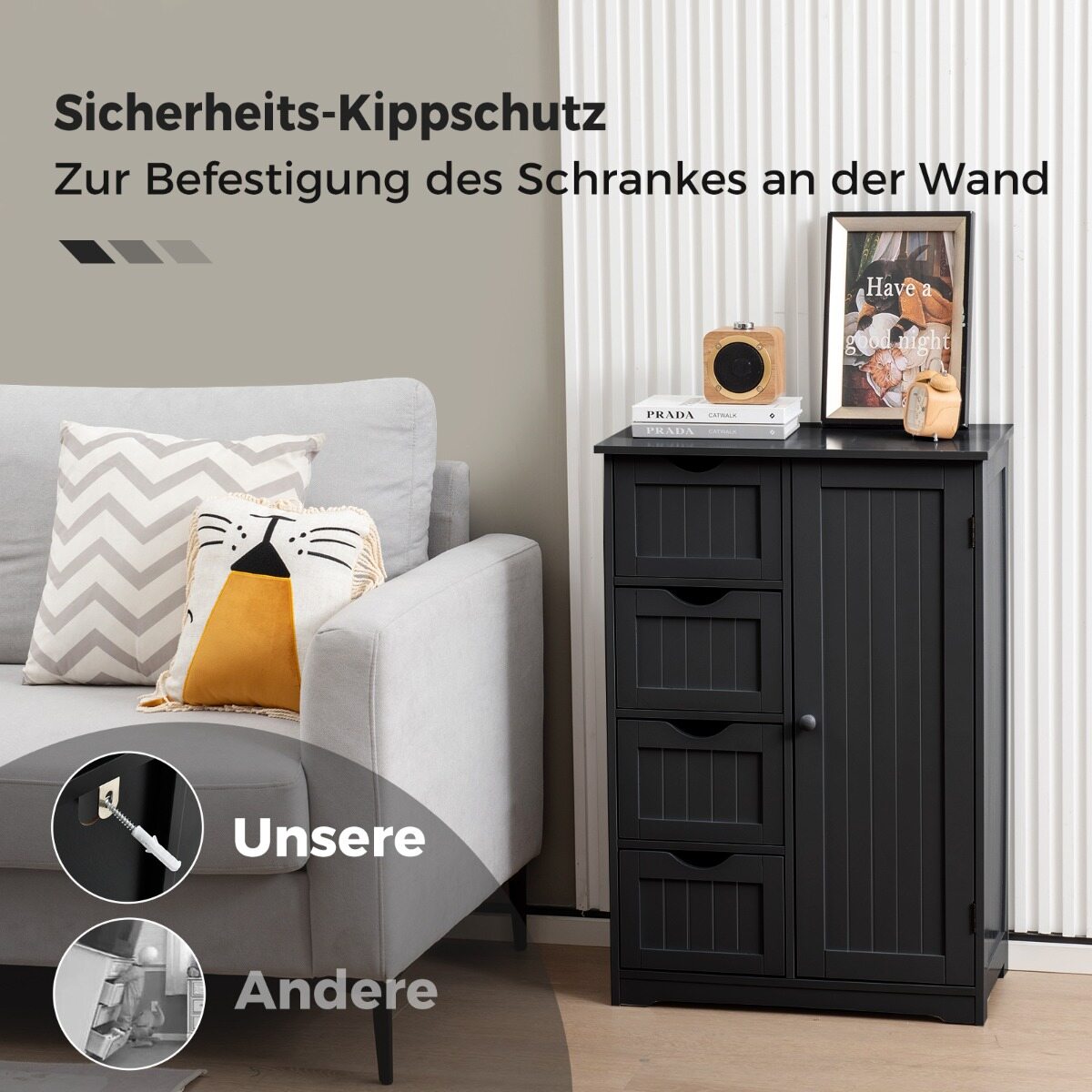 Costway Freestanding Storage Cupboard with Adjustable Shelf and Drawers-Black