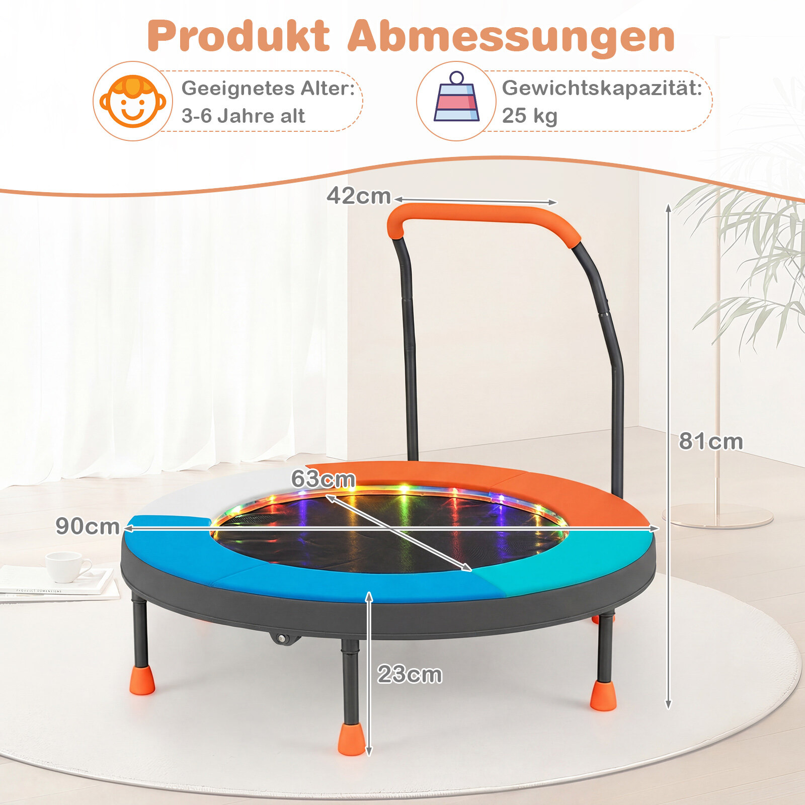 Ø90 cm laste batuut LED-valgustuse, käepideme ja kandekotiga, minibatuut, helesinine