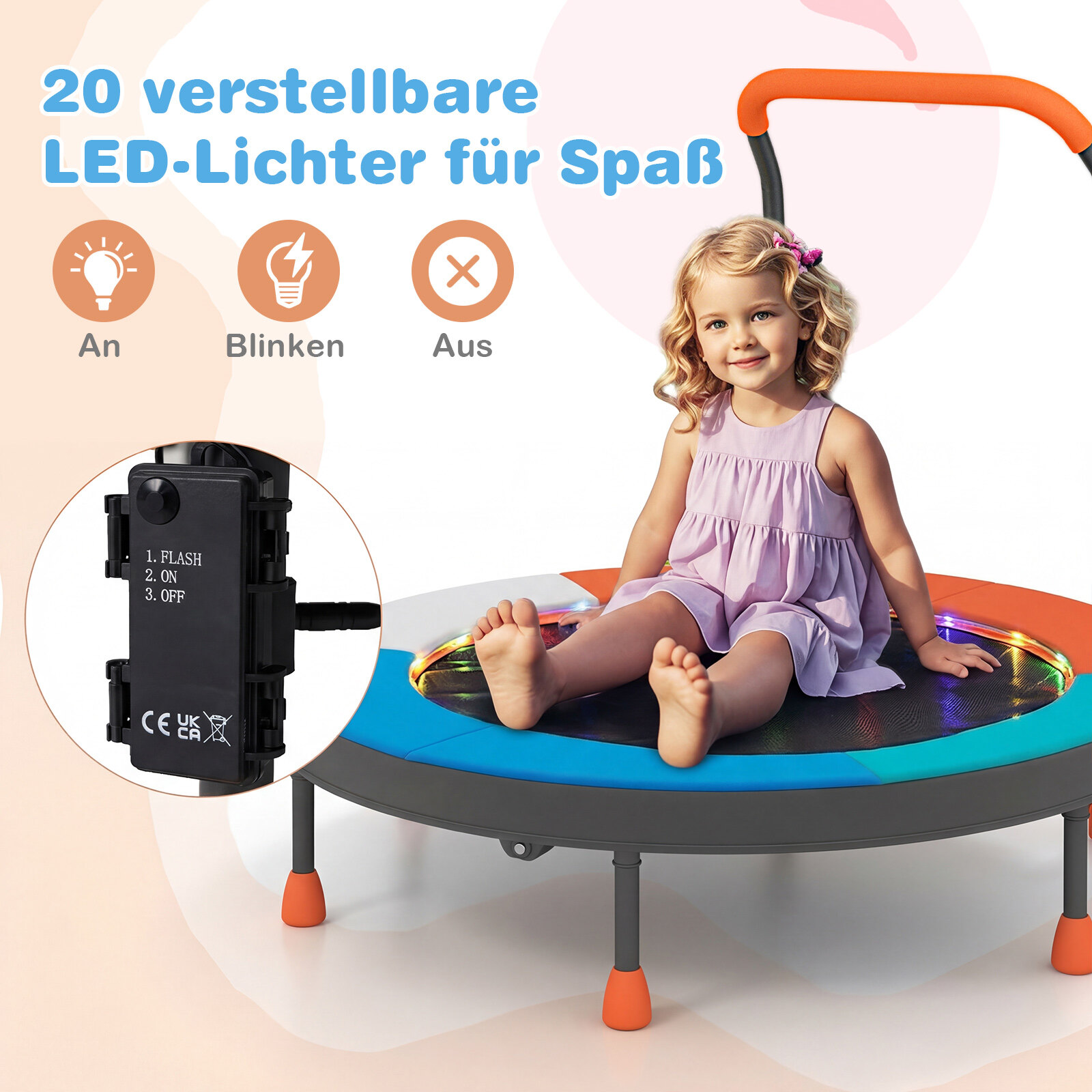 Ø90 cm laste batuut LED-valgustuse, käepideme ja kandekotiga, minibatuut, helesinine
