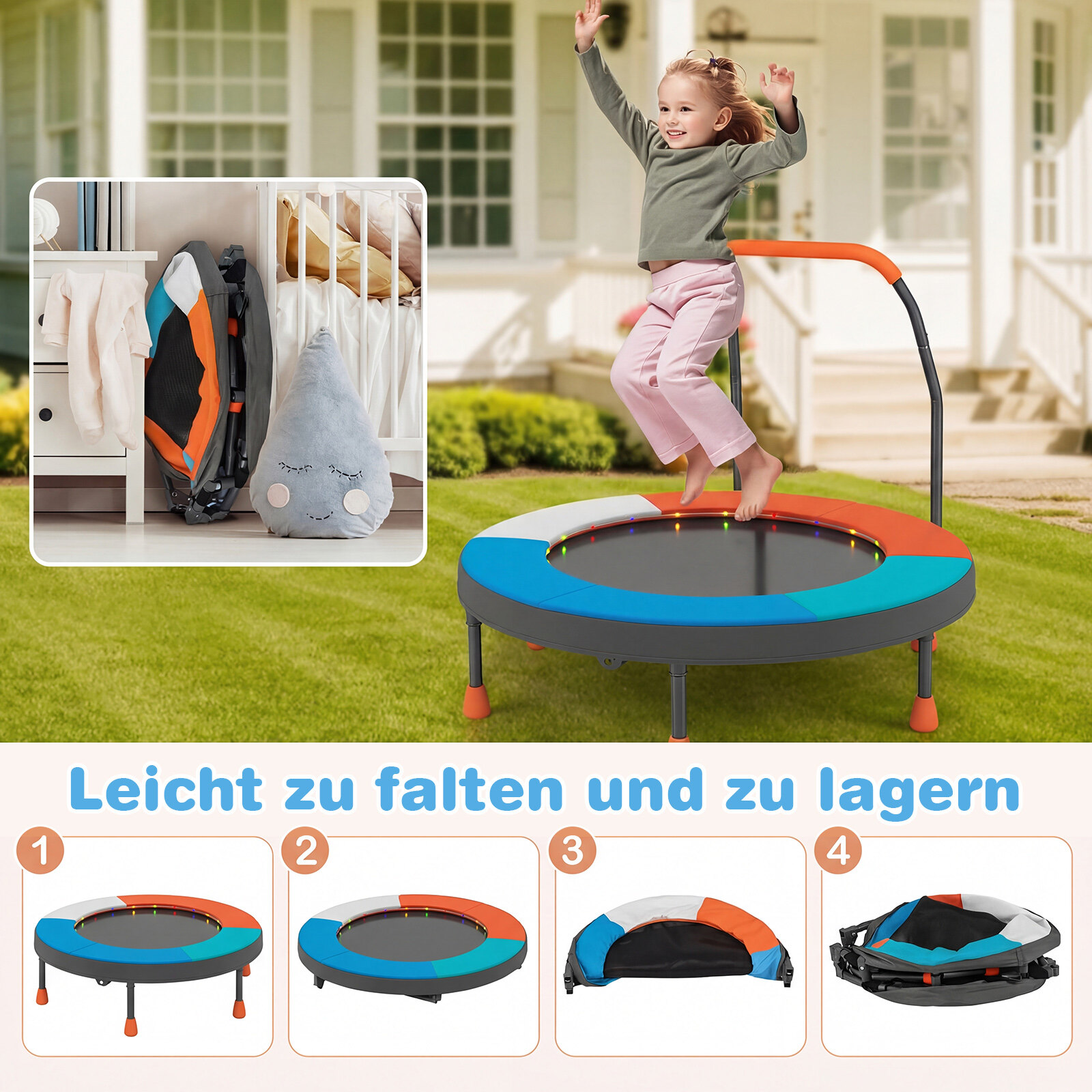 Ø90 cm laste batuut LED-valgustuse, käepideme ja kandekotiga, minibatuut, helesinine