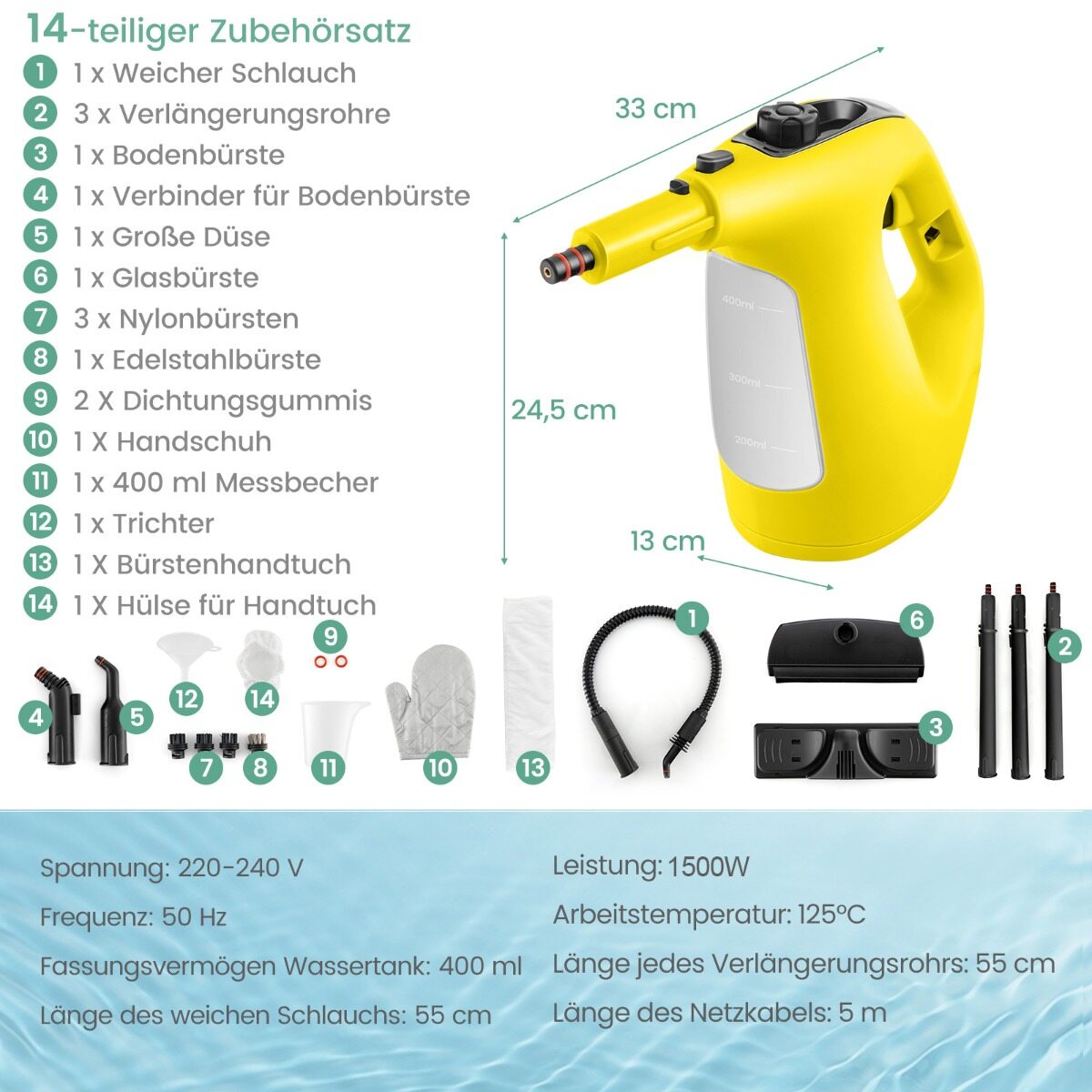 Kaasaskantav aurupuhasti, survestatud aurupuhasti, 1400 W piiramatu pidev aur, 400 ml veepaak, kollane