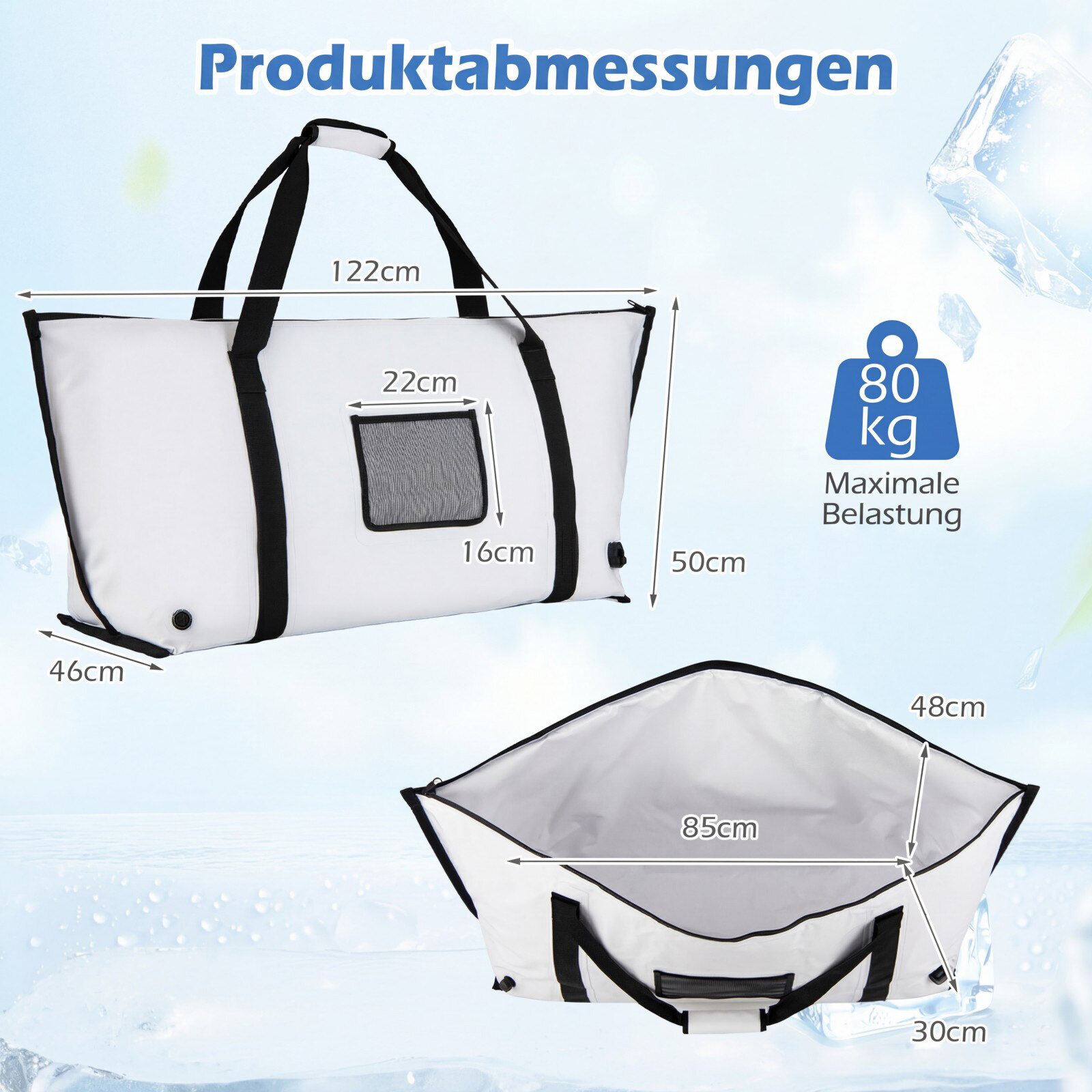 122 cm isoleeritud kalakott PVC-st, lekkekindel, külm, 24h, äravooluklapiga, valge