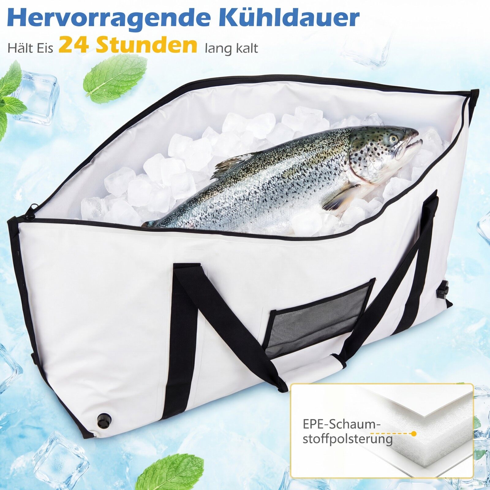 122 cm isoleeritud kalakott PVC-st, lekkekindel, külm, 24h, äravooluklapiga, valge
