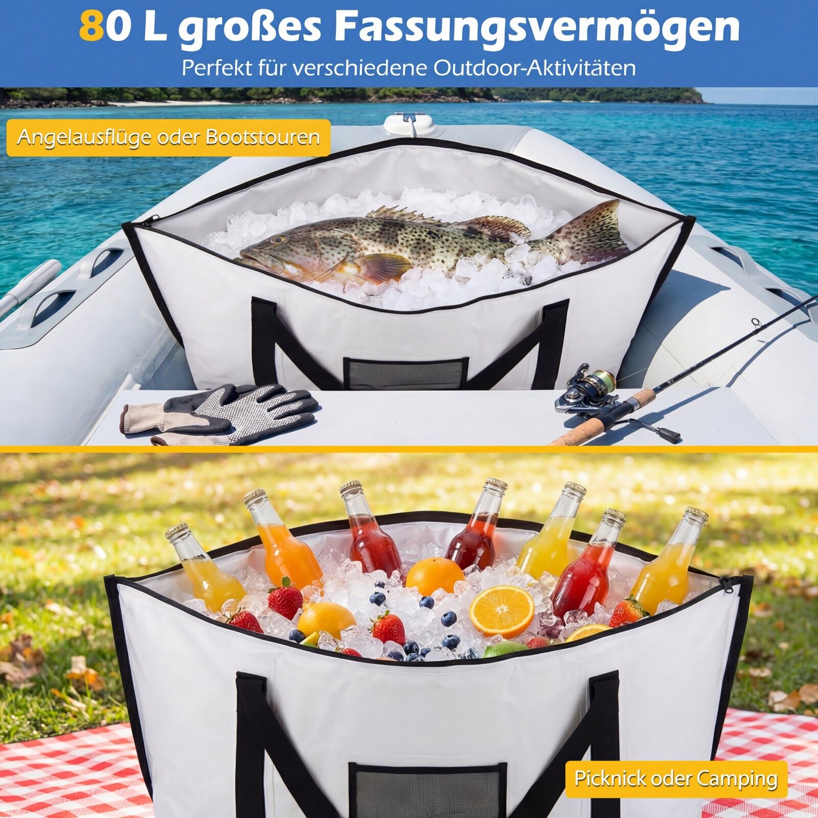 122 cm isoleeritud kalakott PVC-st, lekkekindel, külm, 24h, äravooluklapiga, valge