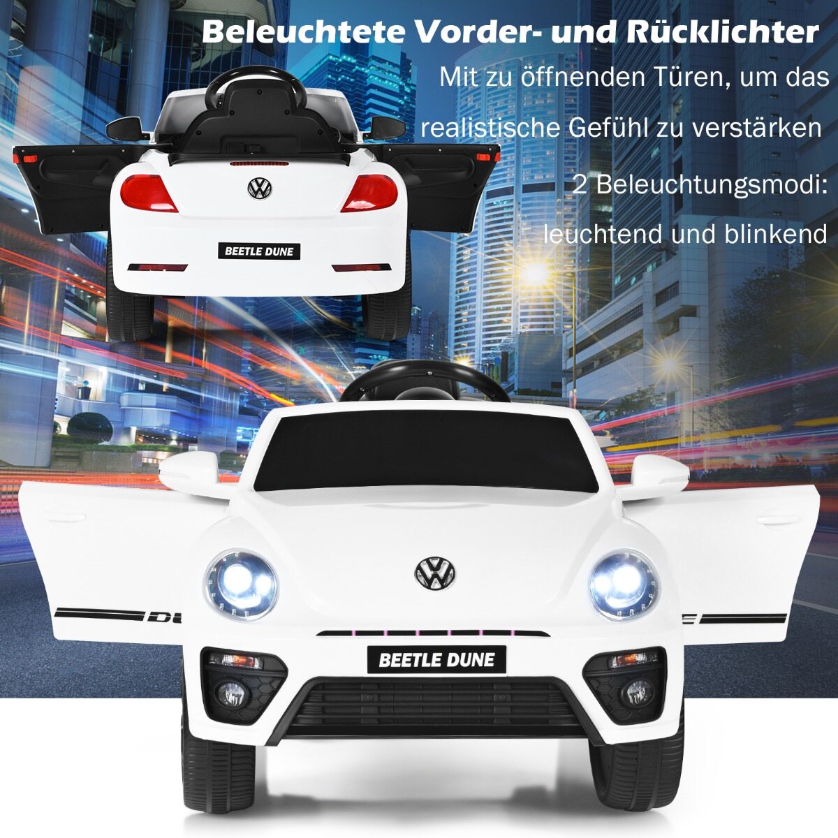 VW Beetle lasteauto muusika ja 2 valgustusrežiimiga, sh 2,4 G kaugjuhtimispult, valge
