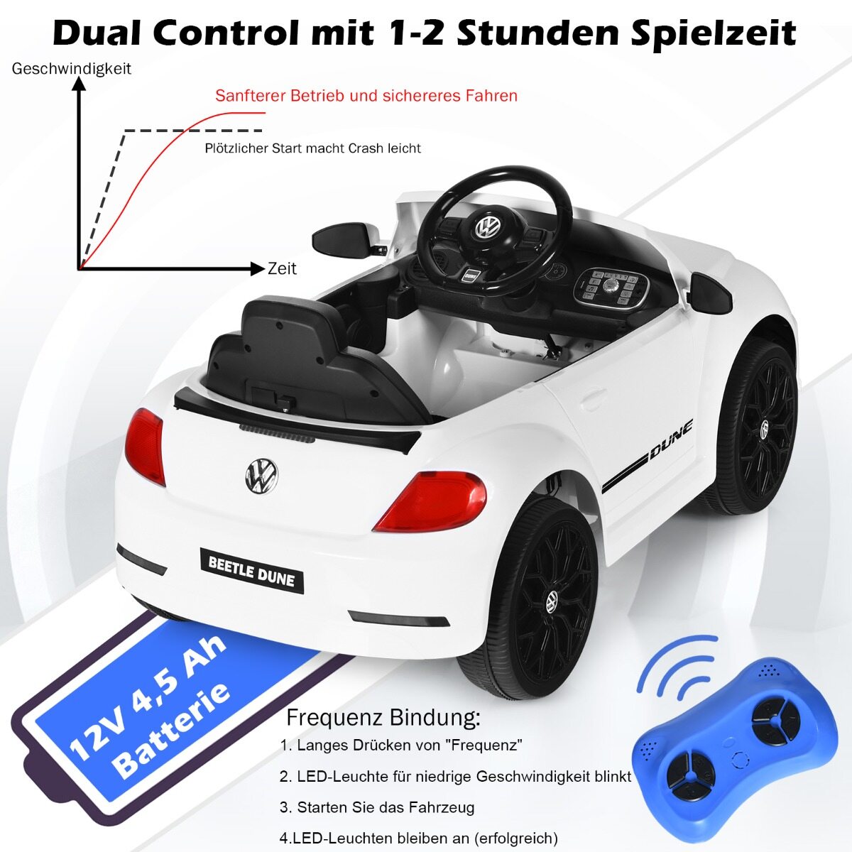 VW Beetle lasteauto muusika ja 2 valgustusrežiimiga, sh 2,4 G kaugjuhtimispult, valge