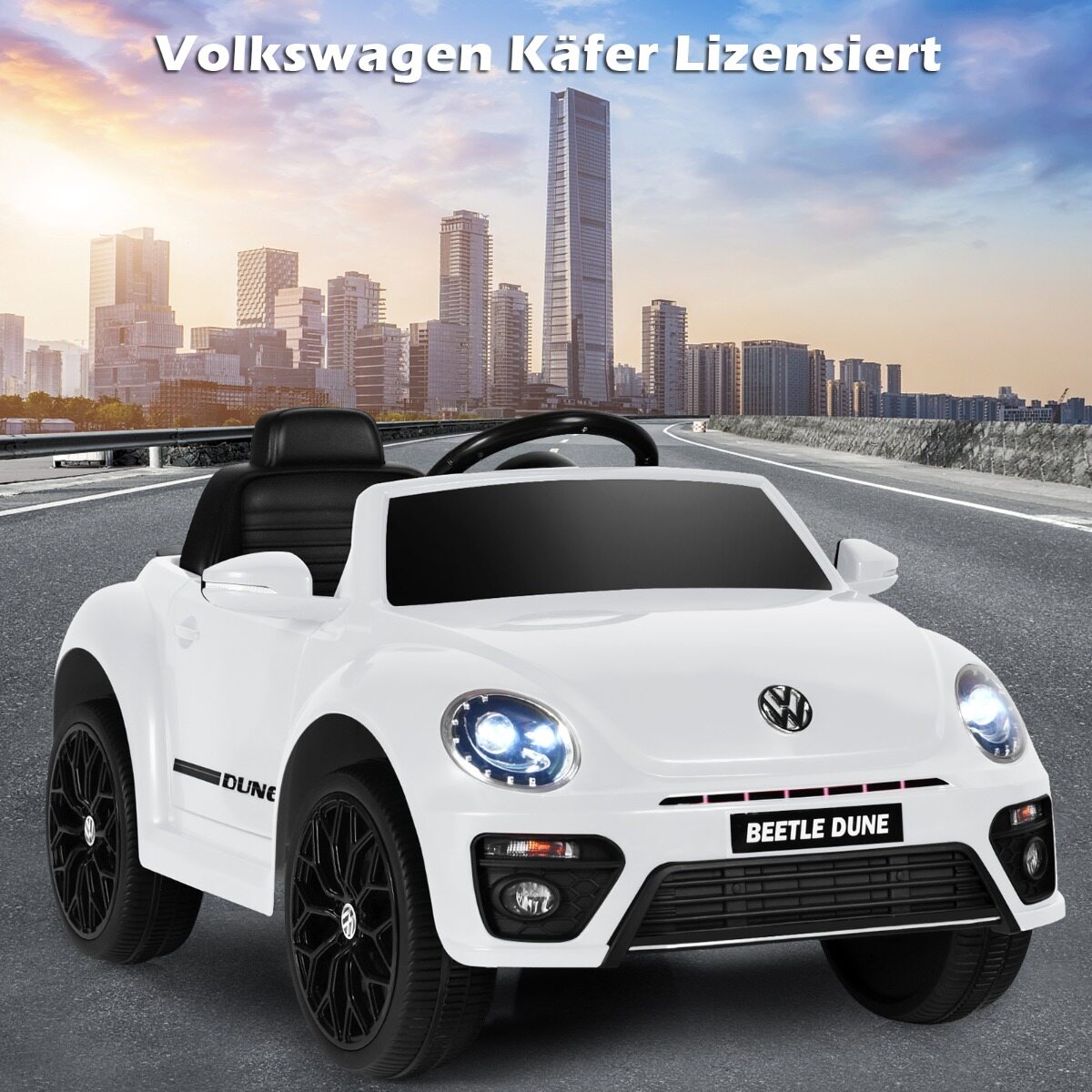 VW Beetle lasteauto muusika ja 2 valgustusrežiimiga, sh 2,4 G kaugjuhtimispult, valge