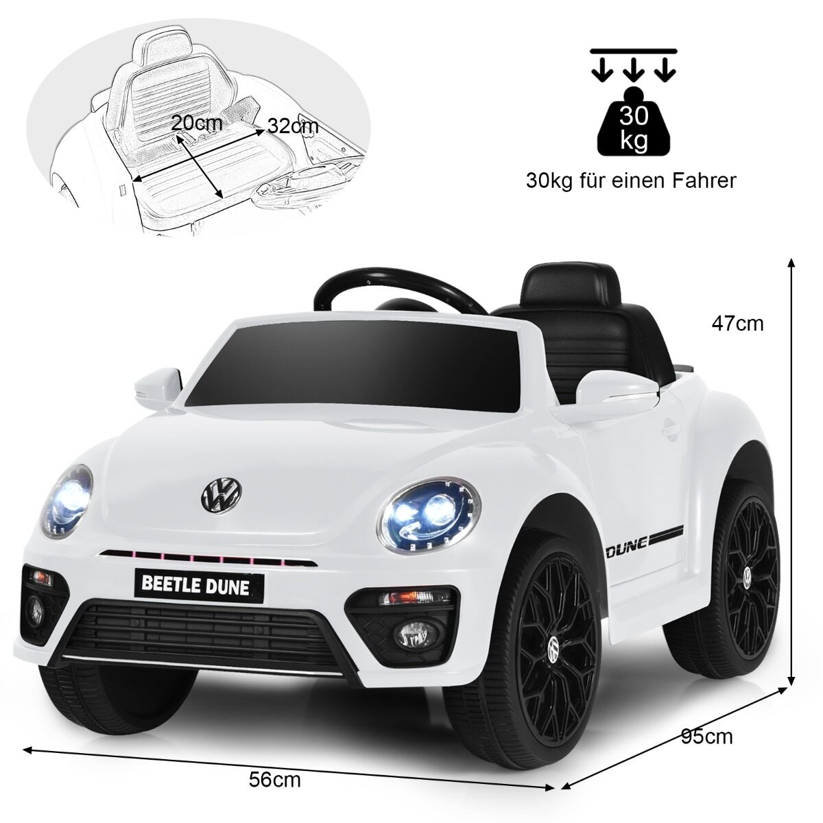 VW Beetle lasteauto muusika ja 2 valgustusrežiimiga, sh 2,4 G kaugjuhtimispult, valge