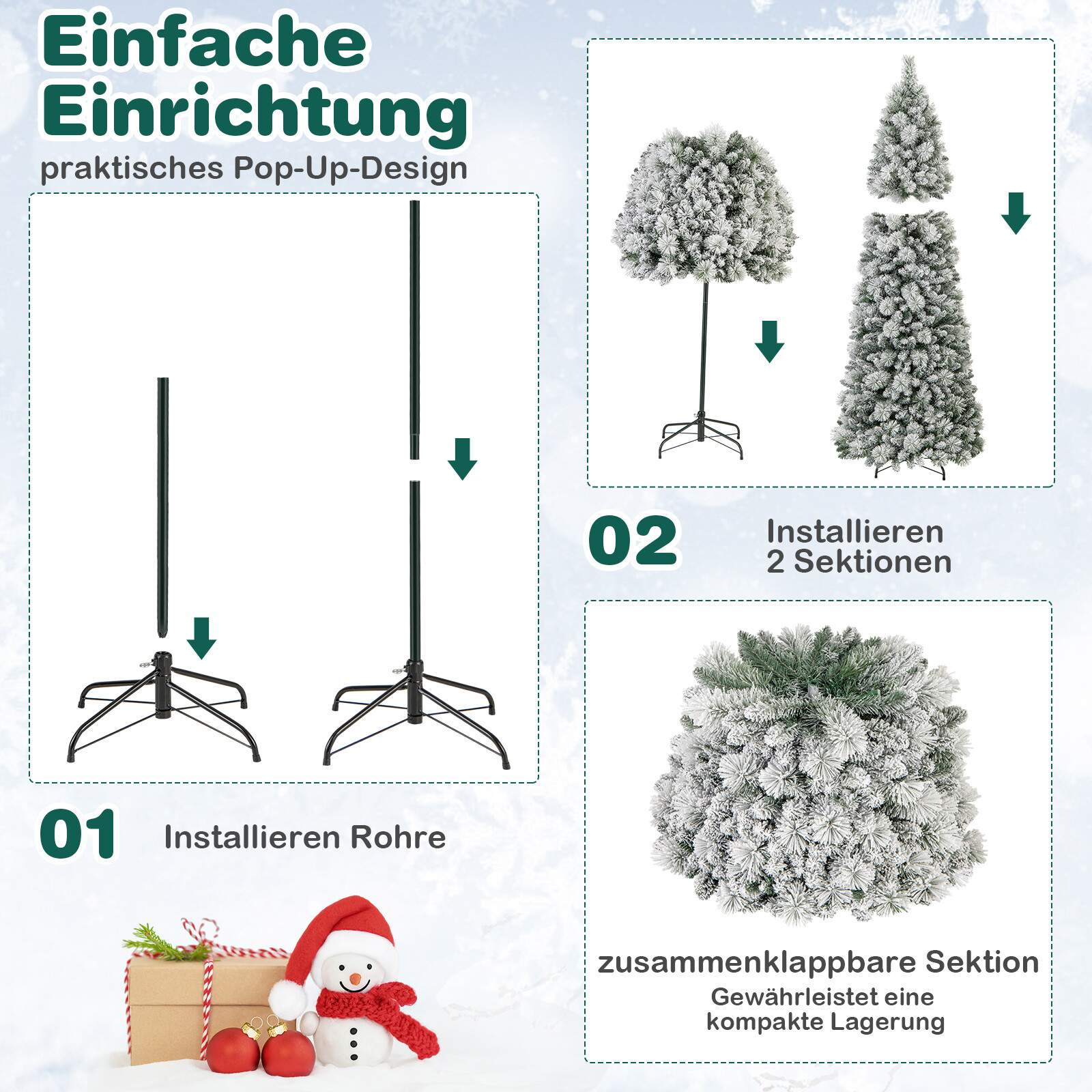210 cm pikkune kunstkuusk valgustusega. Hüpik-kuusk 200 sooja valge LED-tule ja 680 oksaotsaga.