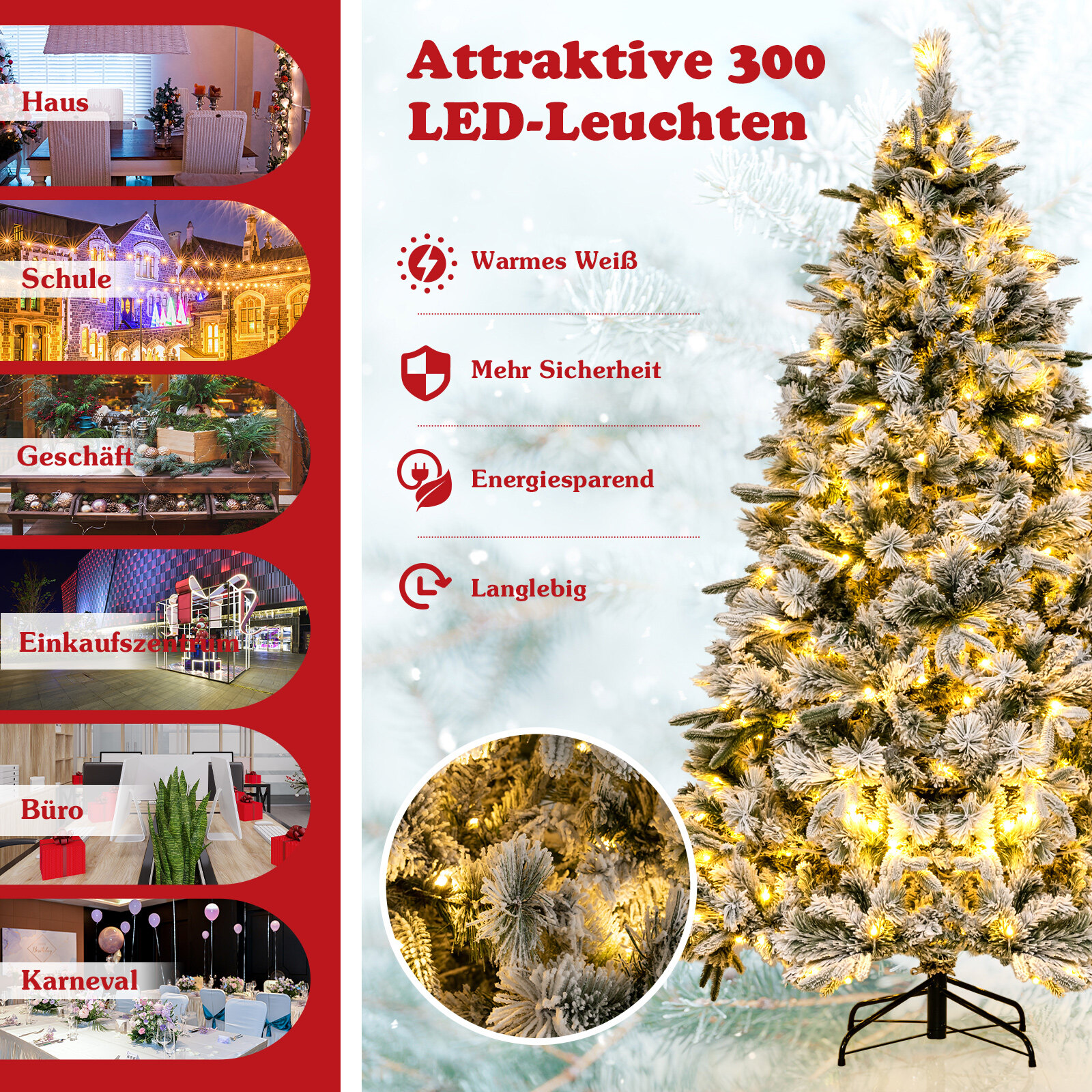 210 cm kunstkuusk lume ja valgustava kuusepuuga, millel on 300 sooja valget LED-tuld