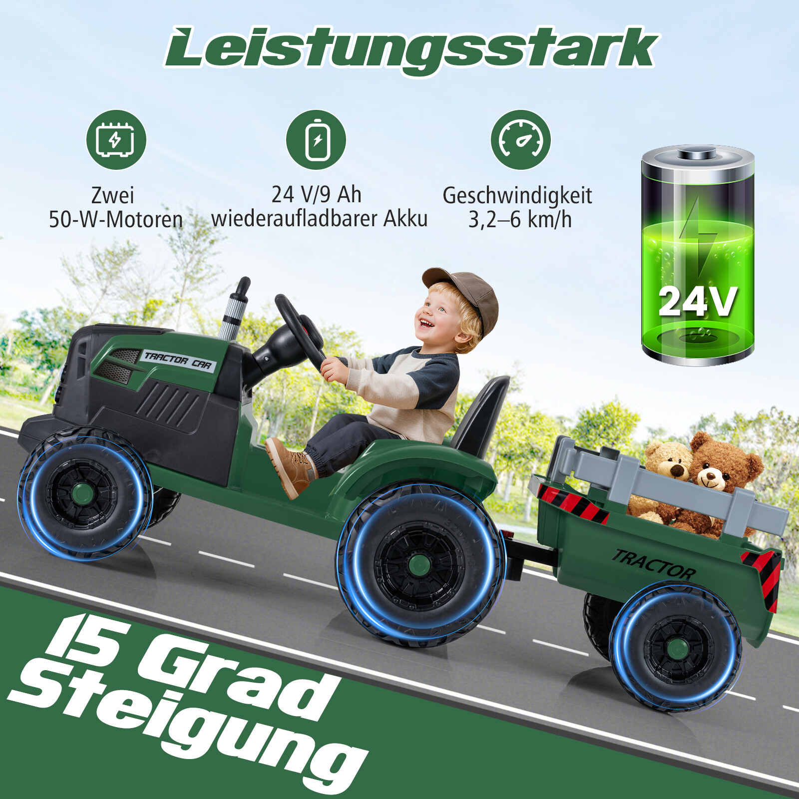 24 V laste elektritraktor haagisega, elektriauto eemaldatava haagisega, puldiga, tumeroheline
