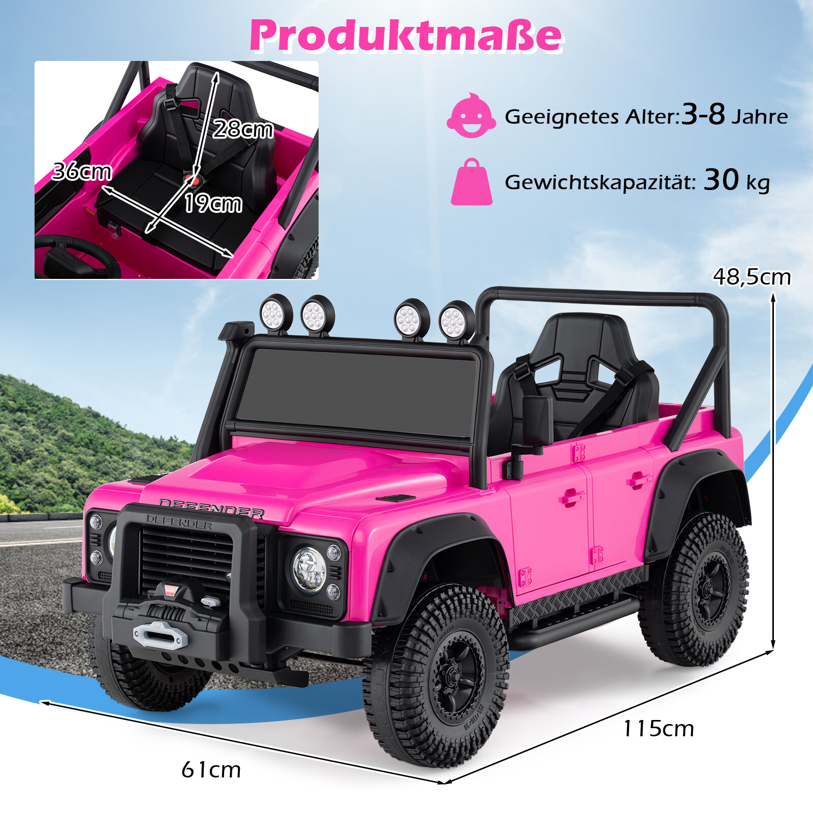Land Rover Defender elektriauto lastele, elektriauto lapsevanema puldiga, täisvedrustus, esituled, roosa