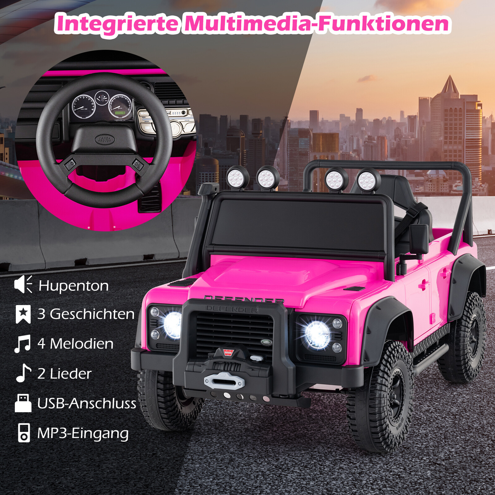 Land Rover Defender elektriauto lastele, elektriauto lapsevanema puldiga, täisvedrustus, esituled, roosa