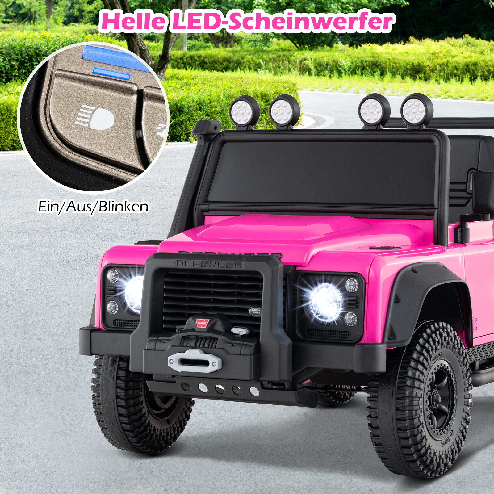 Land Rover Defender elektriauto lastele, elektriauto lapsevanema puldiga, täisvedrustus, esituled, roosa