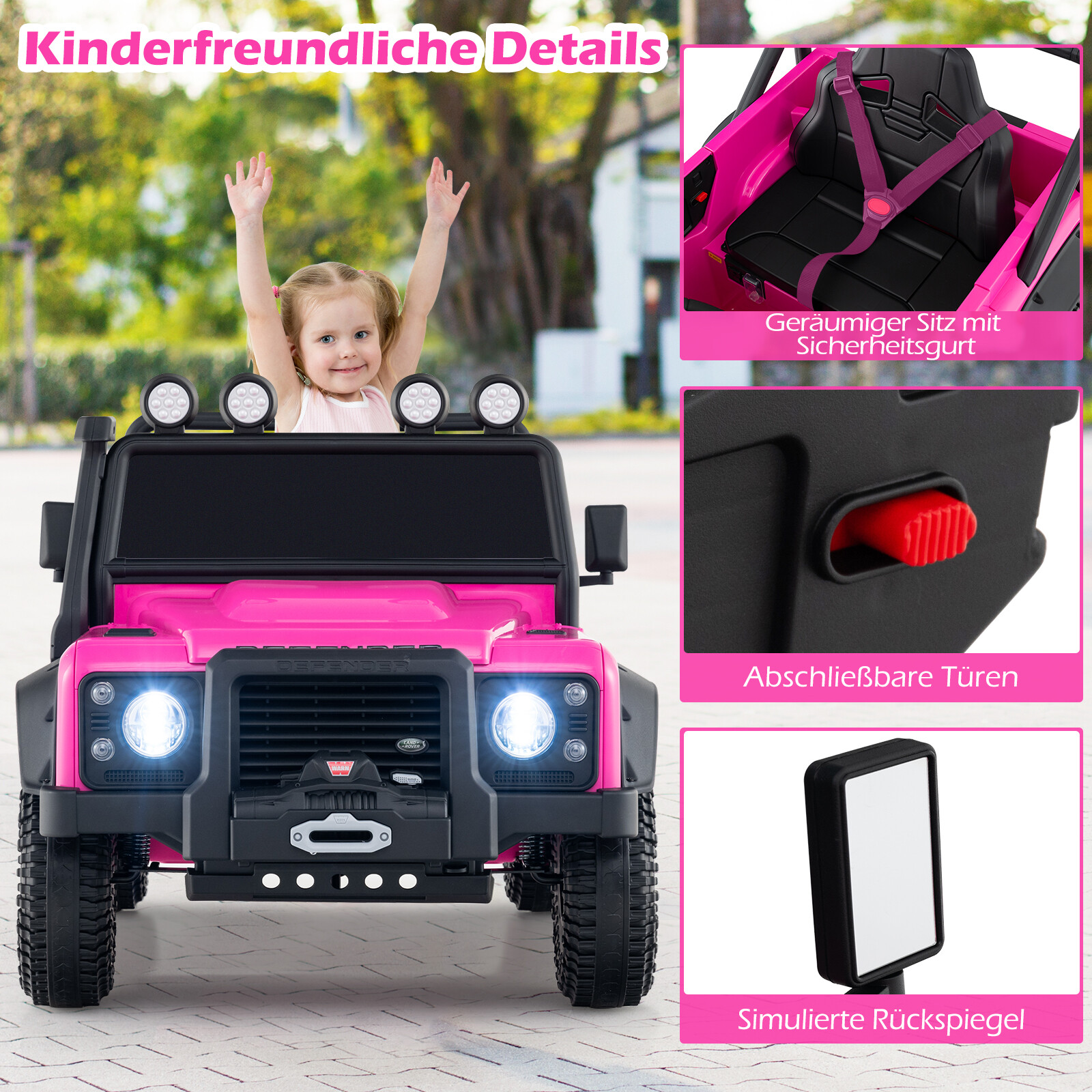 Land Rover Defender elektriauto lastele, elektriauto lapsevanema puldiga, täisvedrustus, esituled, roosa