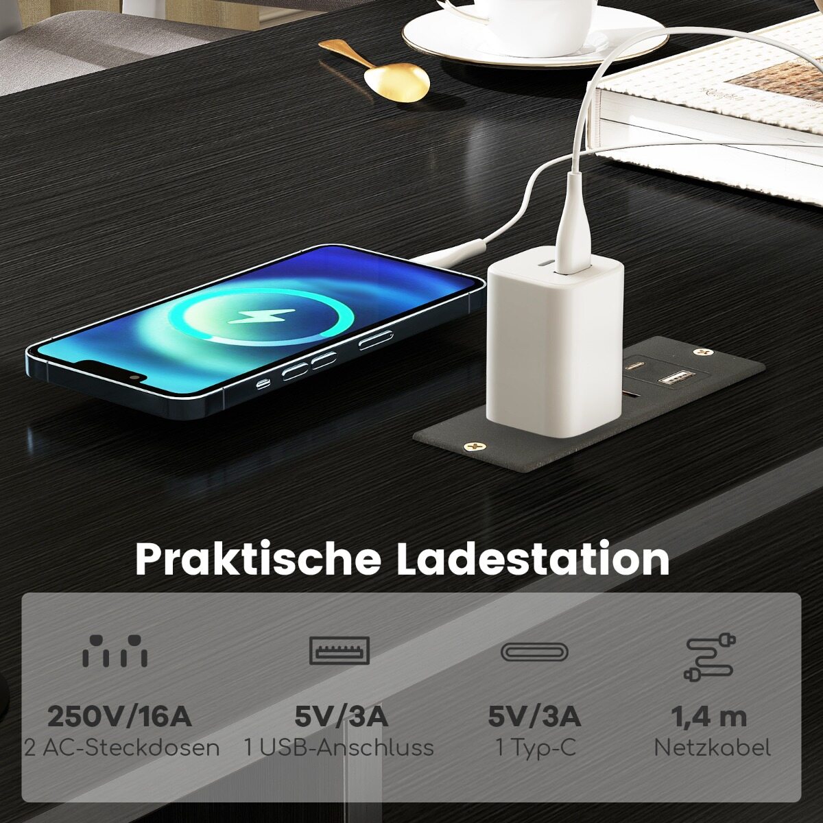 168 cm L-kujuline arvutilaud pistikupesadega, moodne laud kahe sahtliga, must