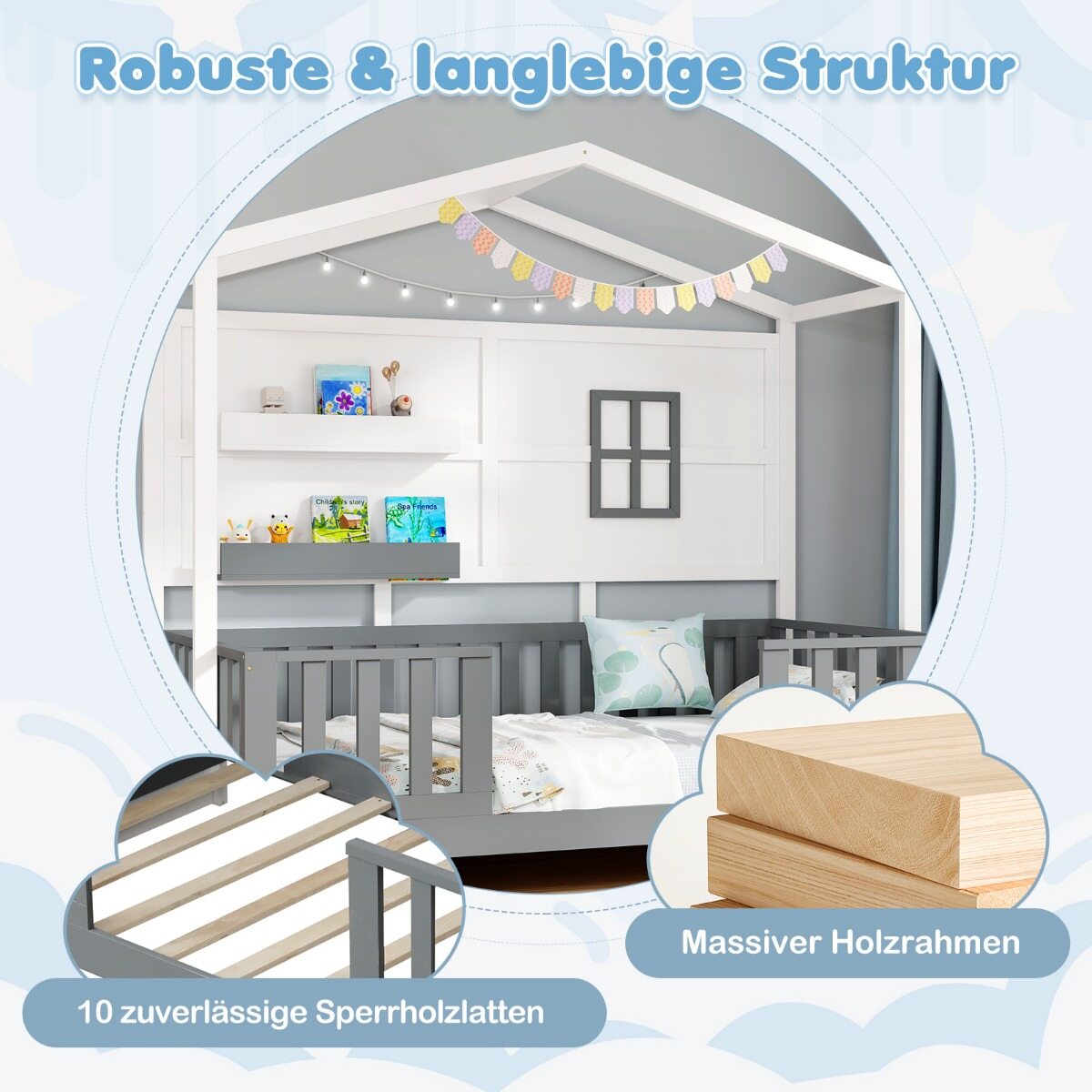 Puidust majakujuline lastevoodi aknaga, 2 riiuli ja piirdega, liistudega mänguvoodi, üheinimesevoodi, valge ja hall