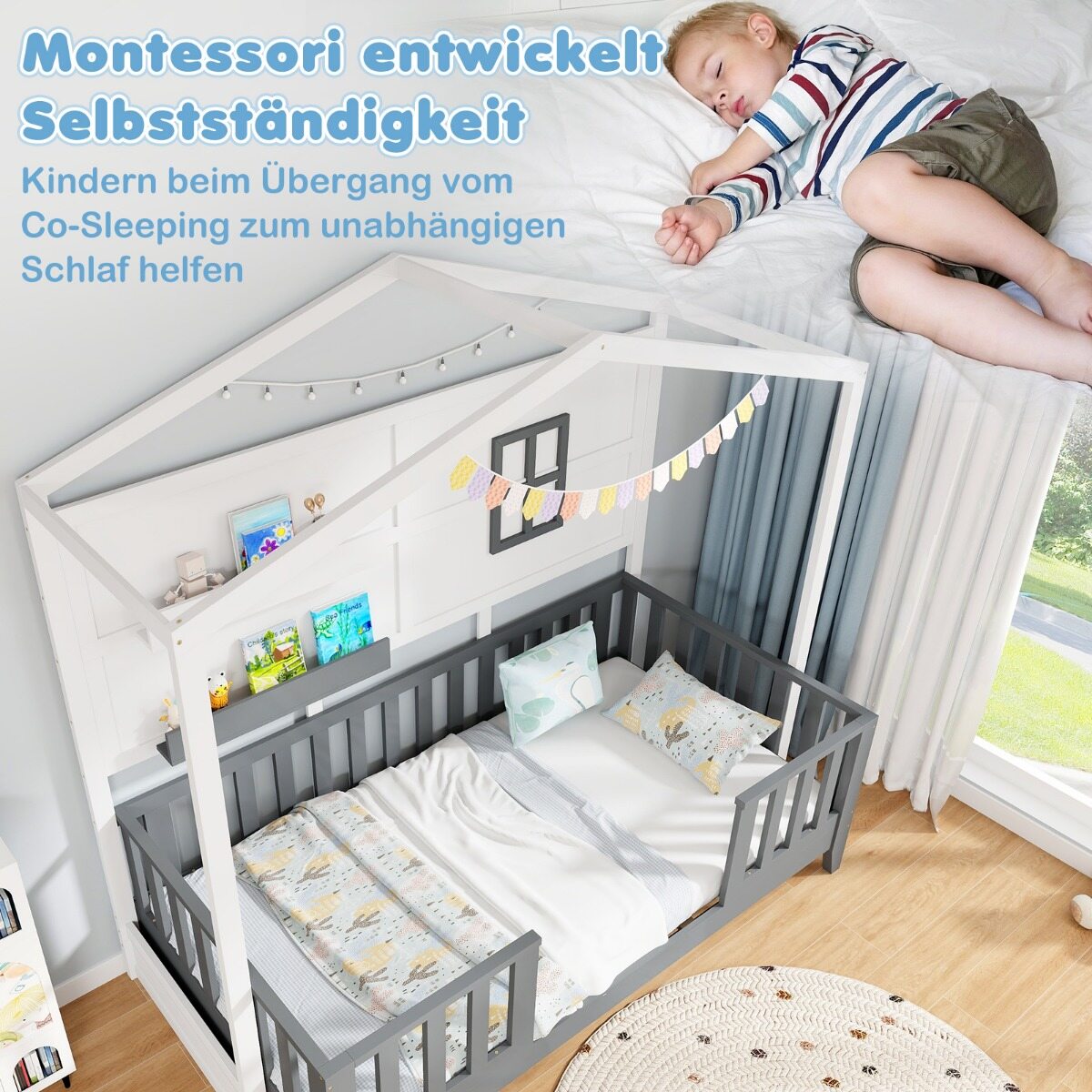 Puidust majakujuline lastevoodi aknaga, 2 riiuli ja piirdega, liistudega mänguvoodi, üheinimesevoodi, valge ja hall