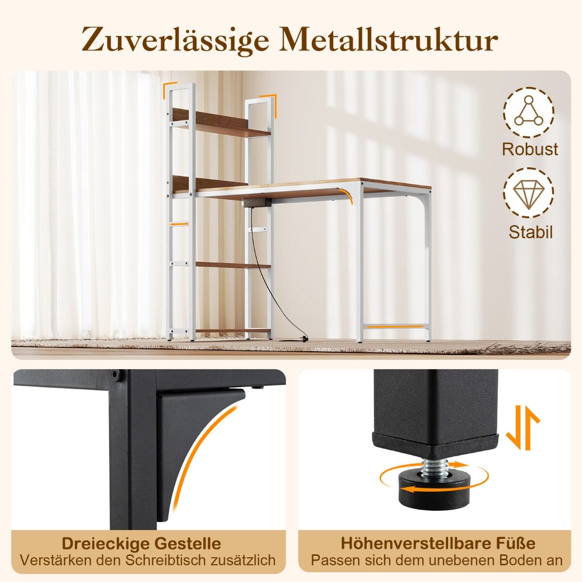 Arvutilaud pikendusjuhtmega 120 cm õppelaud raamaturiiuliga pistikupesad USB A-pordi ja C-tüüpi pordiga, naturaalne ja valge