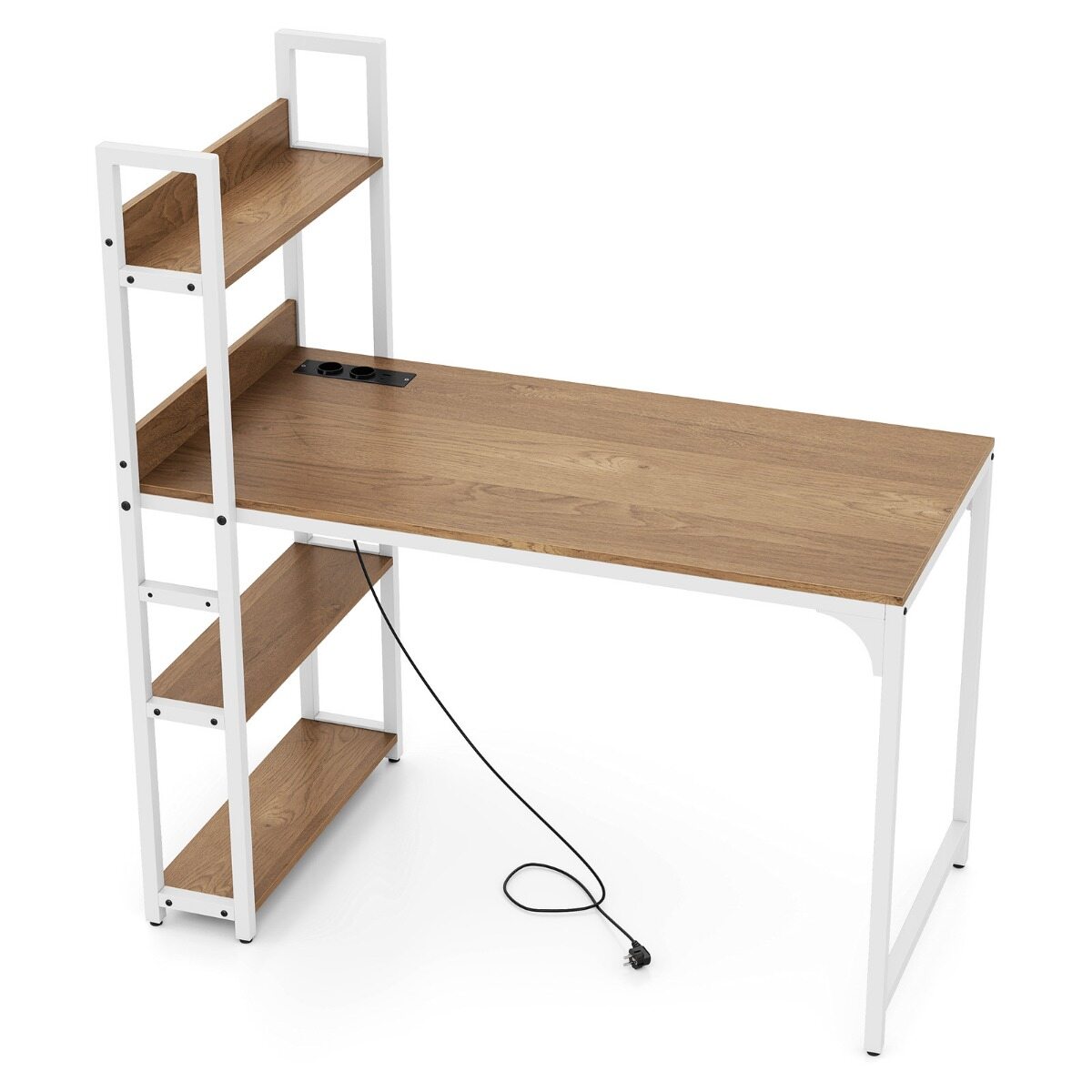 Arvutilaud pikendusjuhtmega 120 cm õppelaud raamaturiiuliga pistikupesad USB A-pordi ja C-tüüpi pordiga, naturaalne ja valge