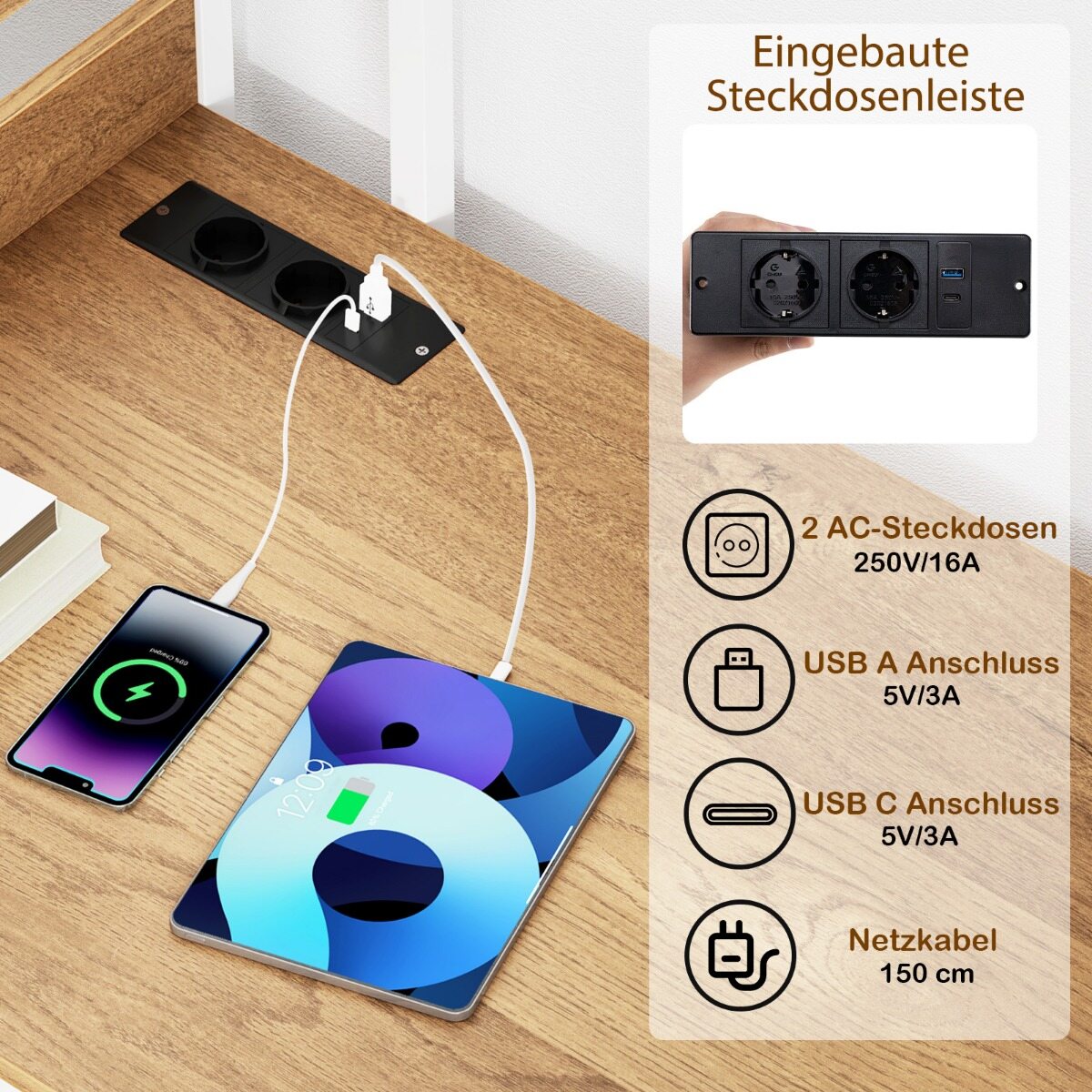 Arvutilaud pikendusjuhtmega 120 cm õppelaud raamaturiiuliga pistikupesad USB A-pordi ja C-tüüpi pordiga, naturaalne ja valge