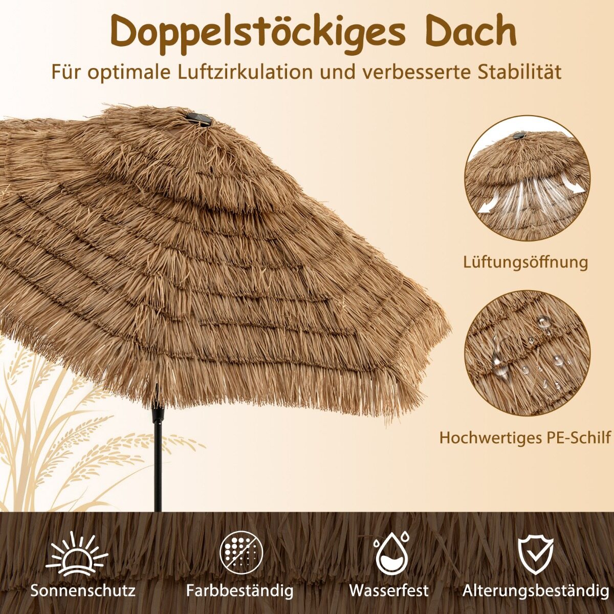Hawaii päikesevari, 300 cm, õlgvari LED-päikesevalgustuse ja topeltkatusega, naturaalne+must