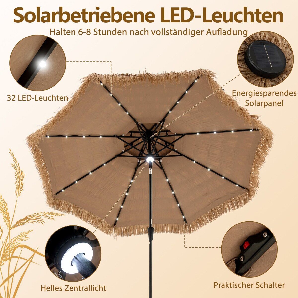 Hawaii päikesevari, 300 cm, õlgvari LED-päikesevalgustuse ja topeltkatusega, naturaalne+must