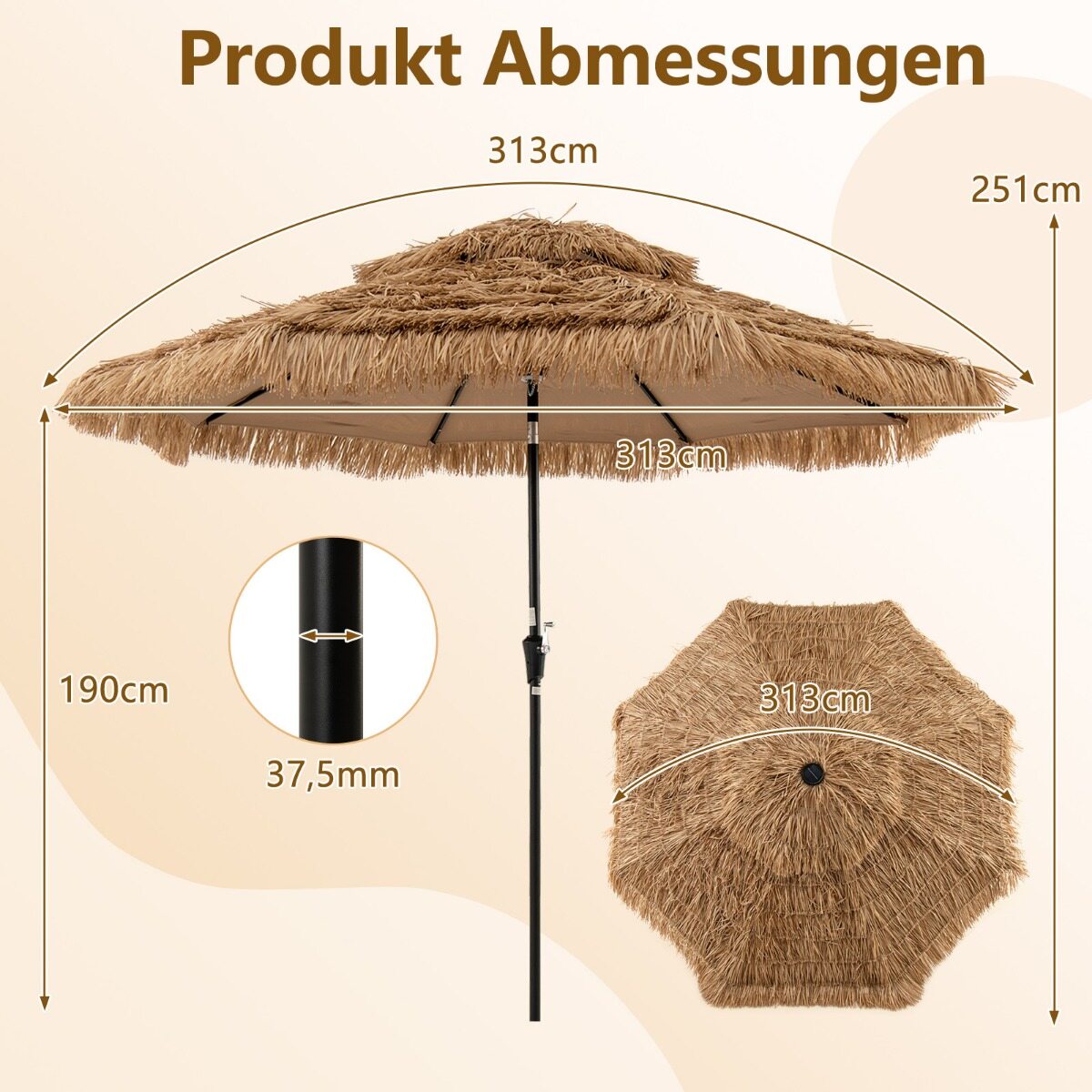 Hawaii päikesevari, 300 cm, õlgvari LED-päikesevalgustuse ja topeltkatusega, naturaalne+must
